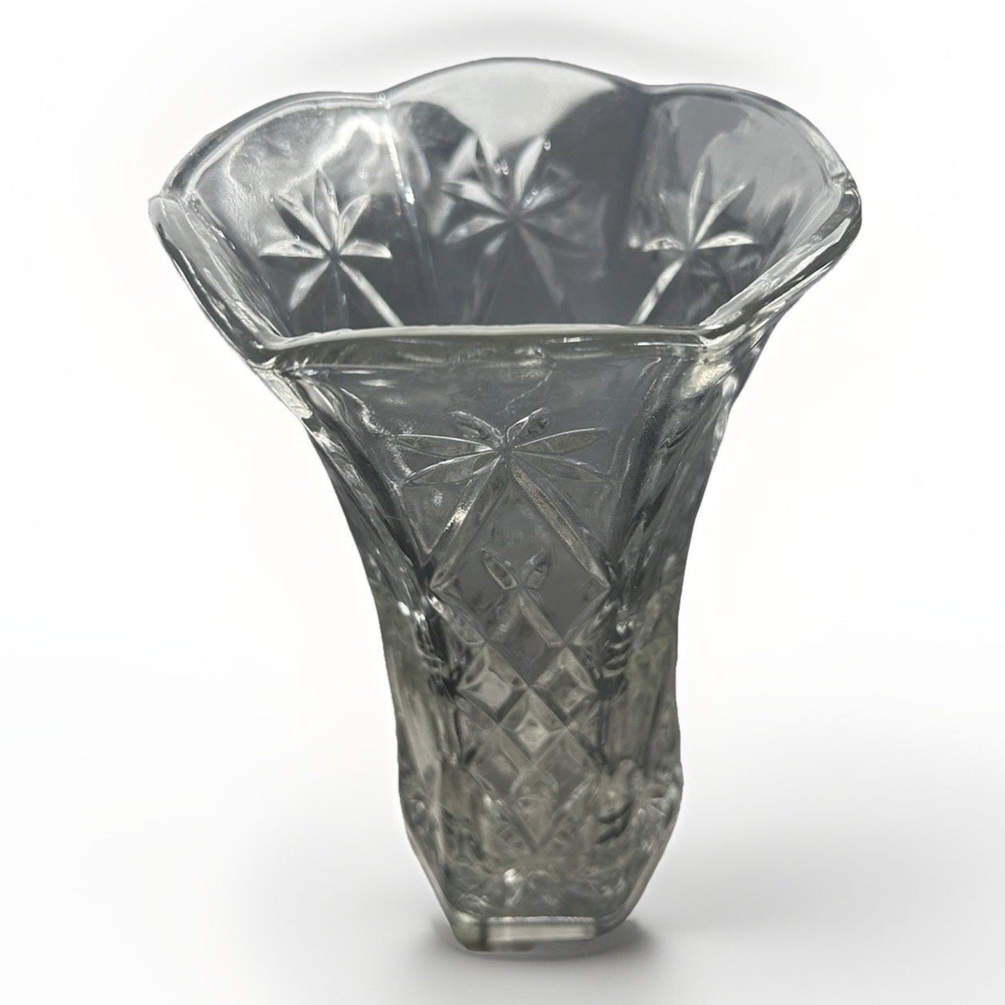 Crystal Starburst Vintage Anchor Hocking Star of David Vase 8.5” Cut Glass Hexagonal
