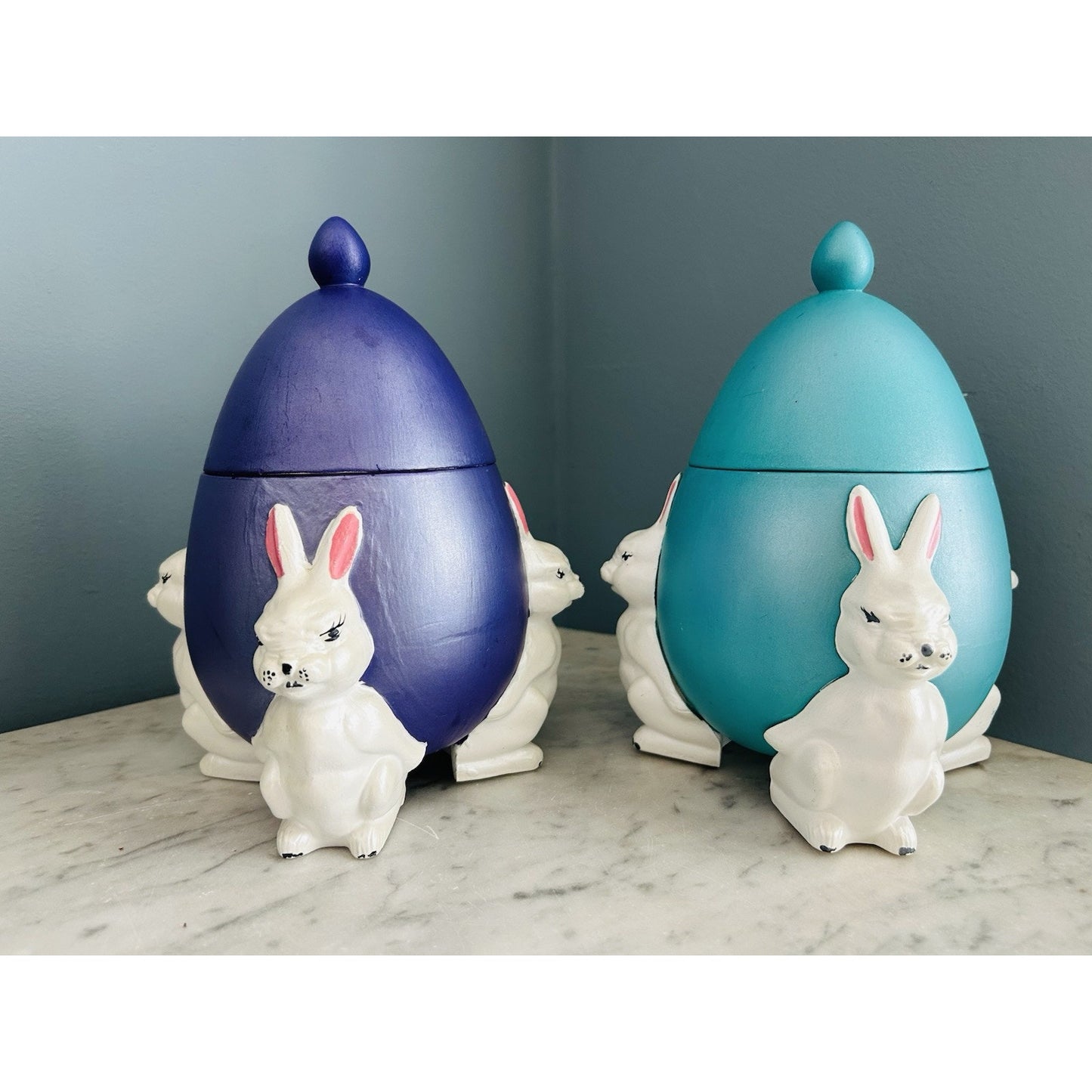(2) 1960s Ceramic Easter Egg Candy Jar Hand Painted Bunnies Rabbits Purple Teal