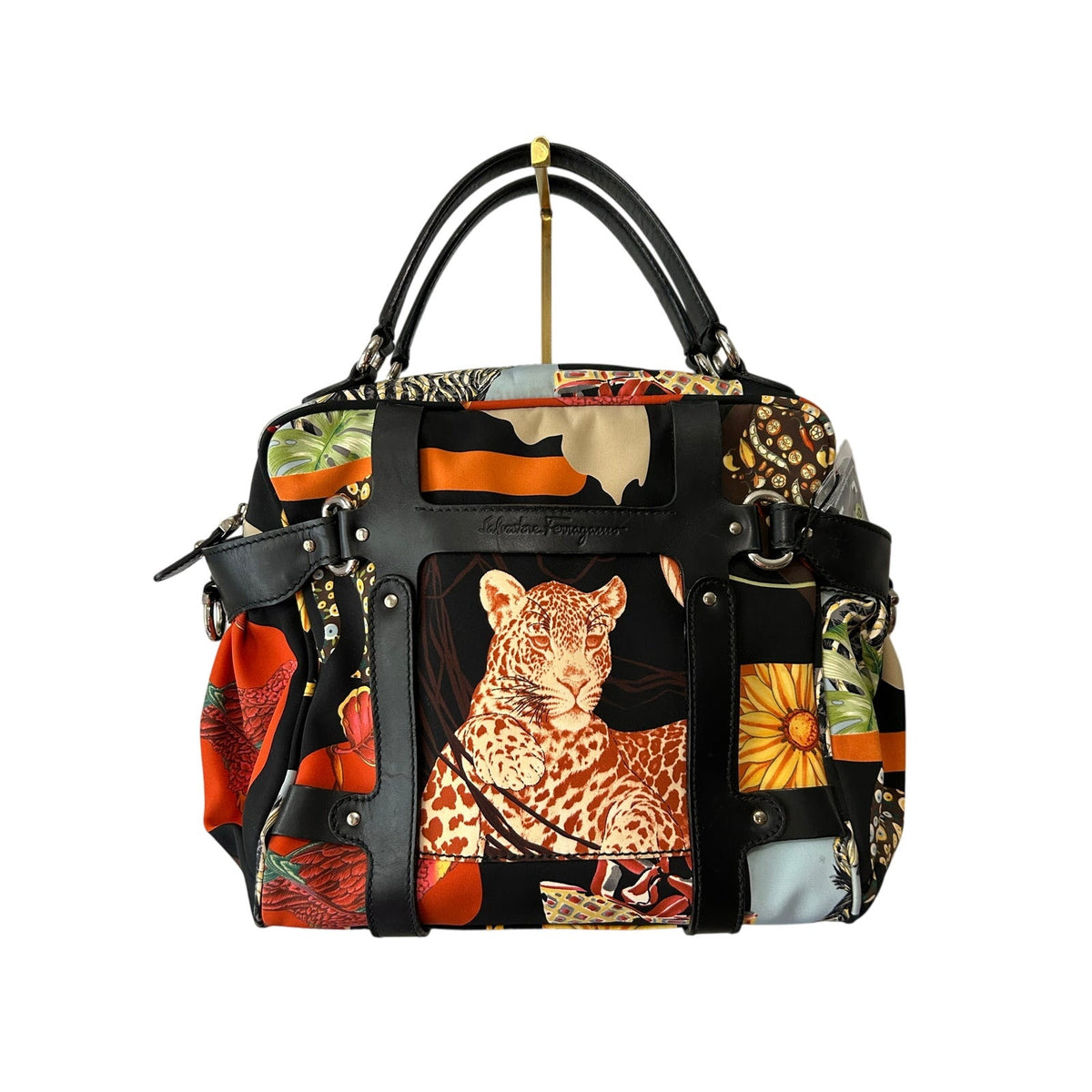Salvatore Ferragamo Fiera Tote Jungle Leopard Safari Nylon Leather Bag Purse COA