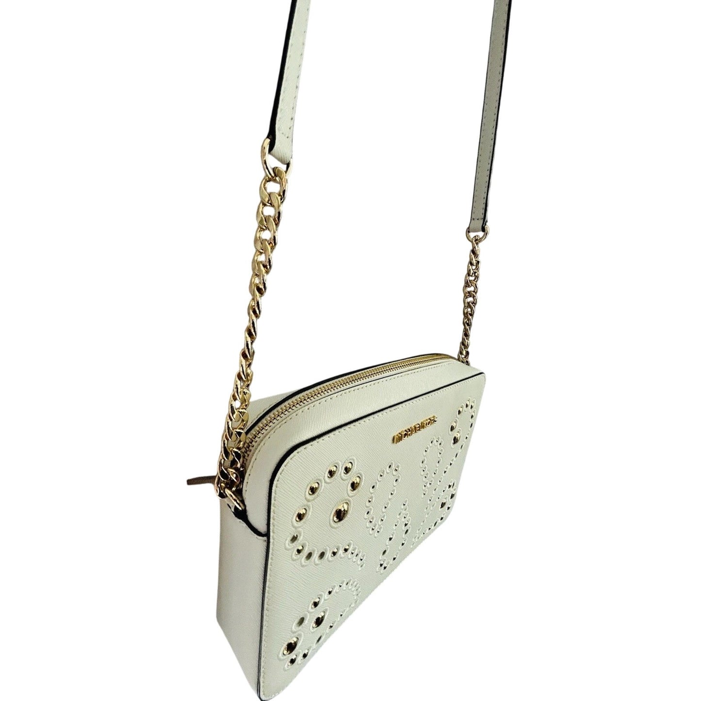 Michael Kors Ginny Leather Crossbody White Embellished Gold Studded Bag New