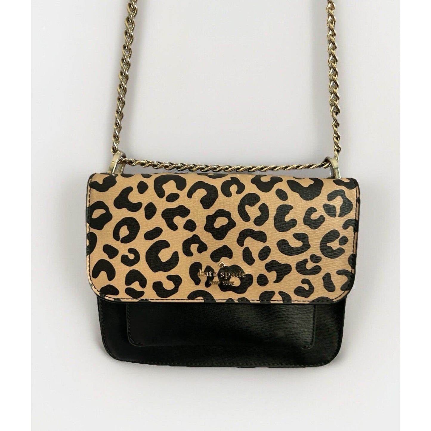 Kate Spade Leopard Print Leather Remi Flap Chain Crossbody Shoulder Bag Black