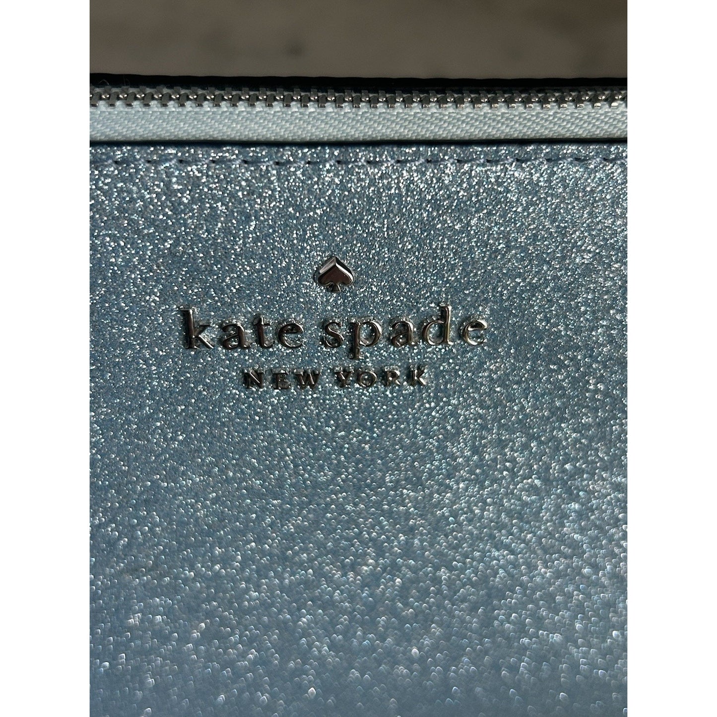 New Kate Spade Blue Tinsel Glitter Cosmetic Bag NWOT Powder Make-up Bathroom