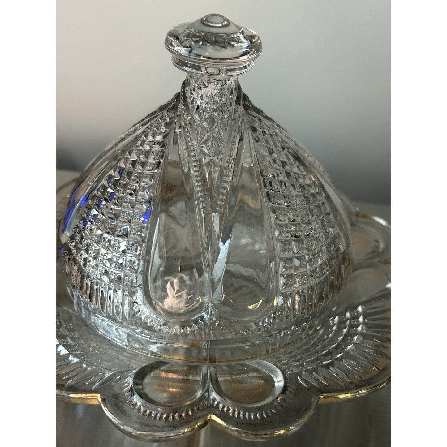 Vintage Gold Trim Glass Butter Dish Cheese Dome Cover 2pcs Covered Lid
