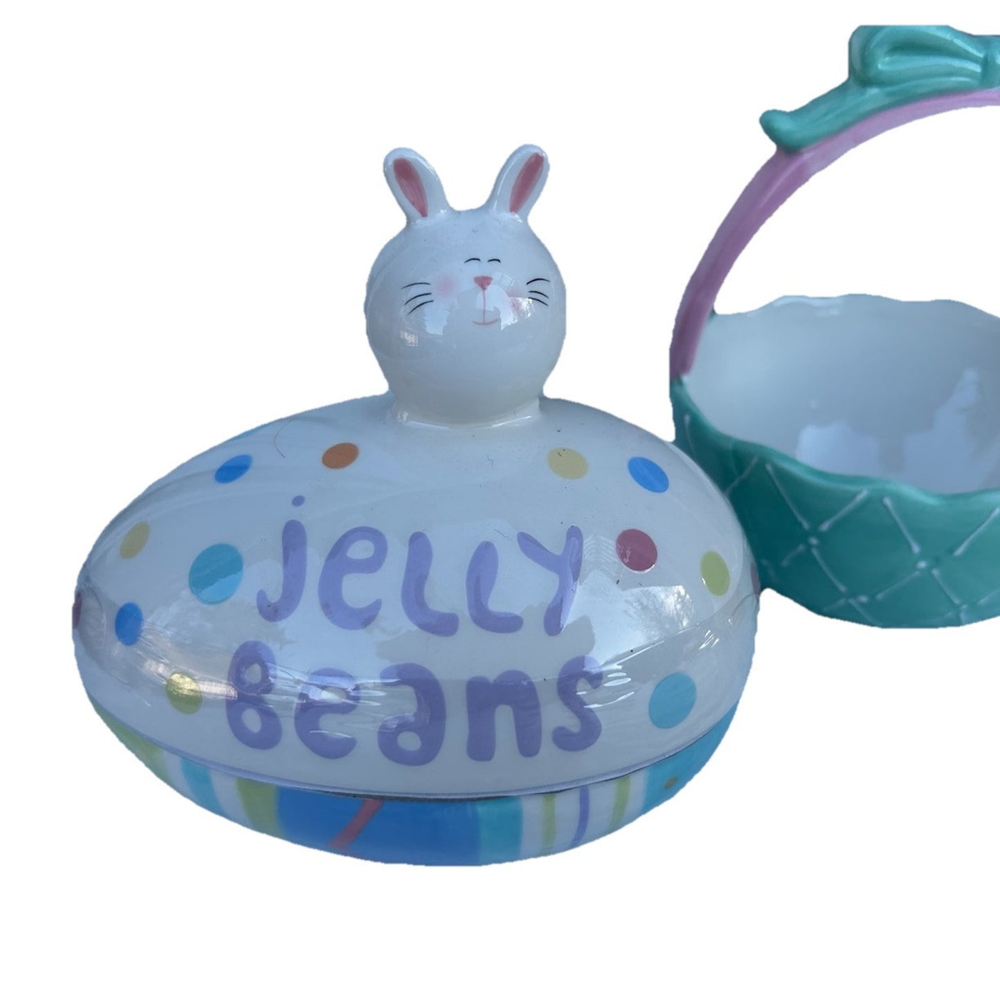 Lot of 3 Ceramic Easter Candy Dishes 2 Baskets and 1 Jelly Bean Lid Dish Bundle