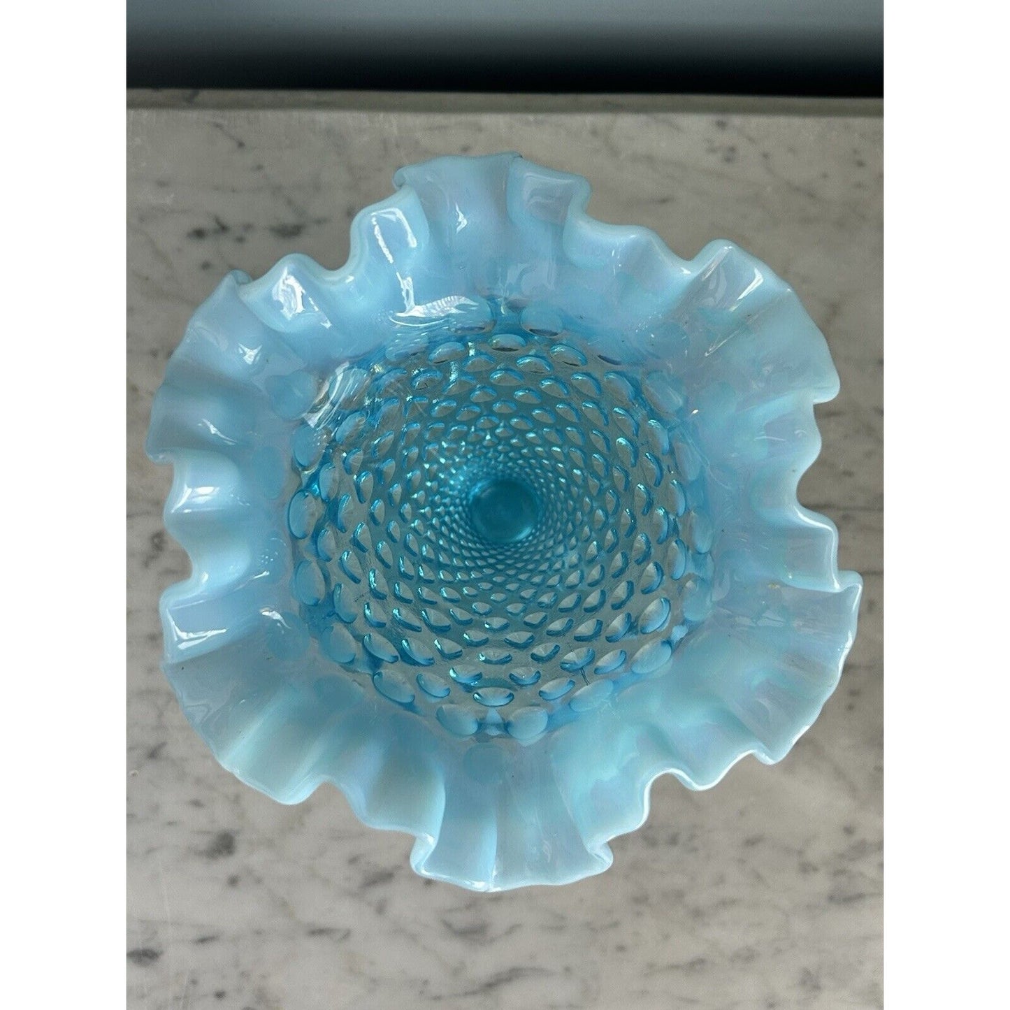 Vintage Fenton Aqua Blue Opalescent Glass Hobnail 8” Ruffled Cone Shaped Vase