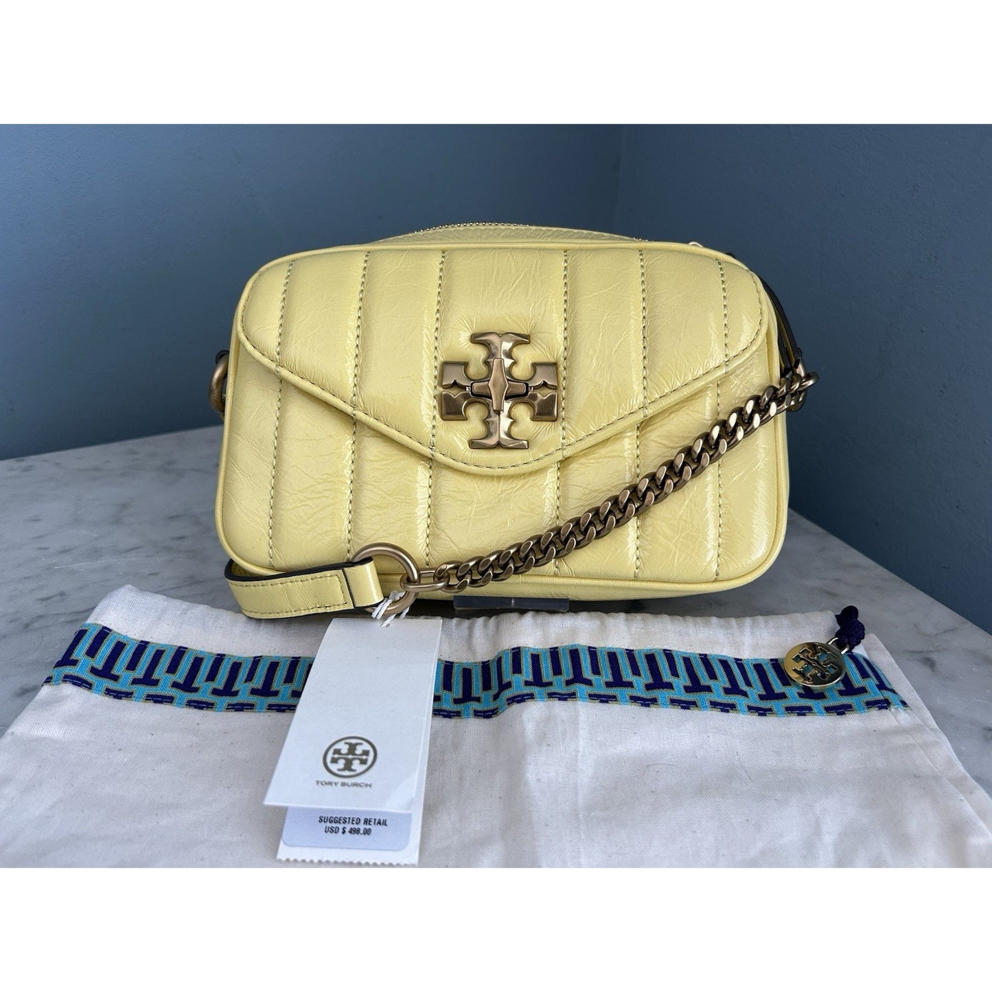 NWT Tory Burch Kira Patent Camera Bag Lemon Yellow 142808 Puffy Crossbody Mini