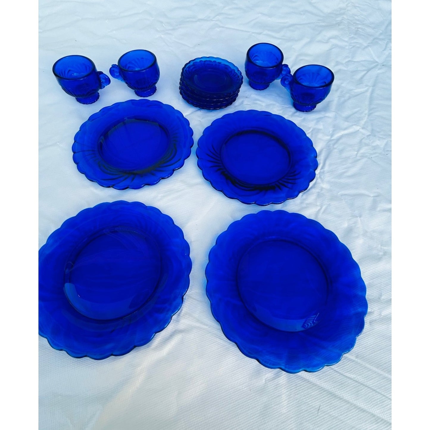 Vintage Doll Size Place Setting Cobalt Blue Glass 4 Plates 4 Teacups 4 Saucers