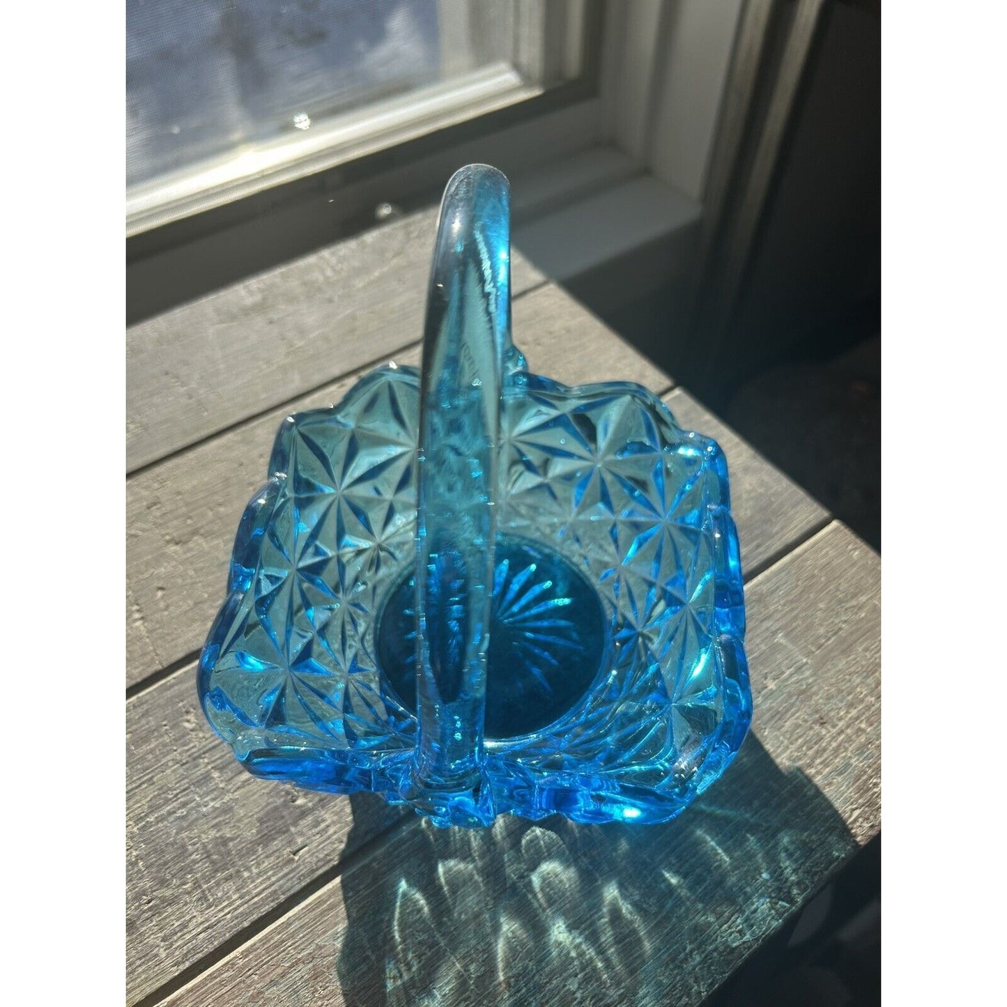 EUC Vintage Indiana Glass Monticello Aqua Blue Basket Handle 7" Easter Gift Art