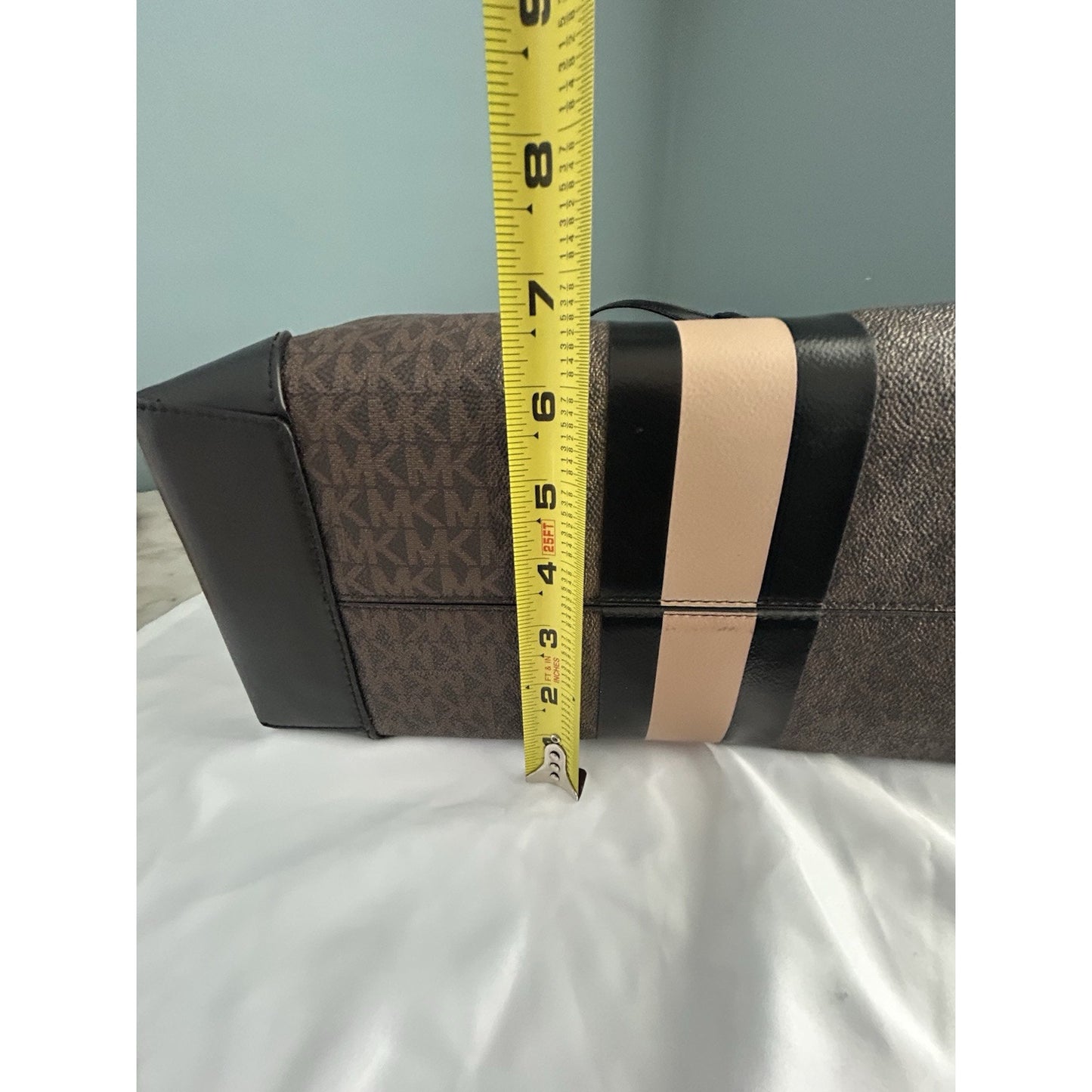 Michael Kors Eva Large Logo Stripe Tote Bag Plus Pouch Black Camel Laptop NWT