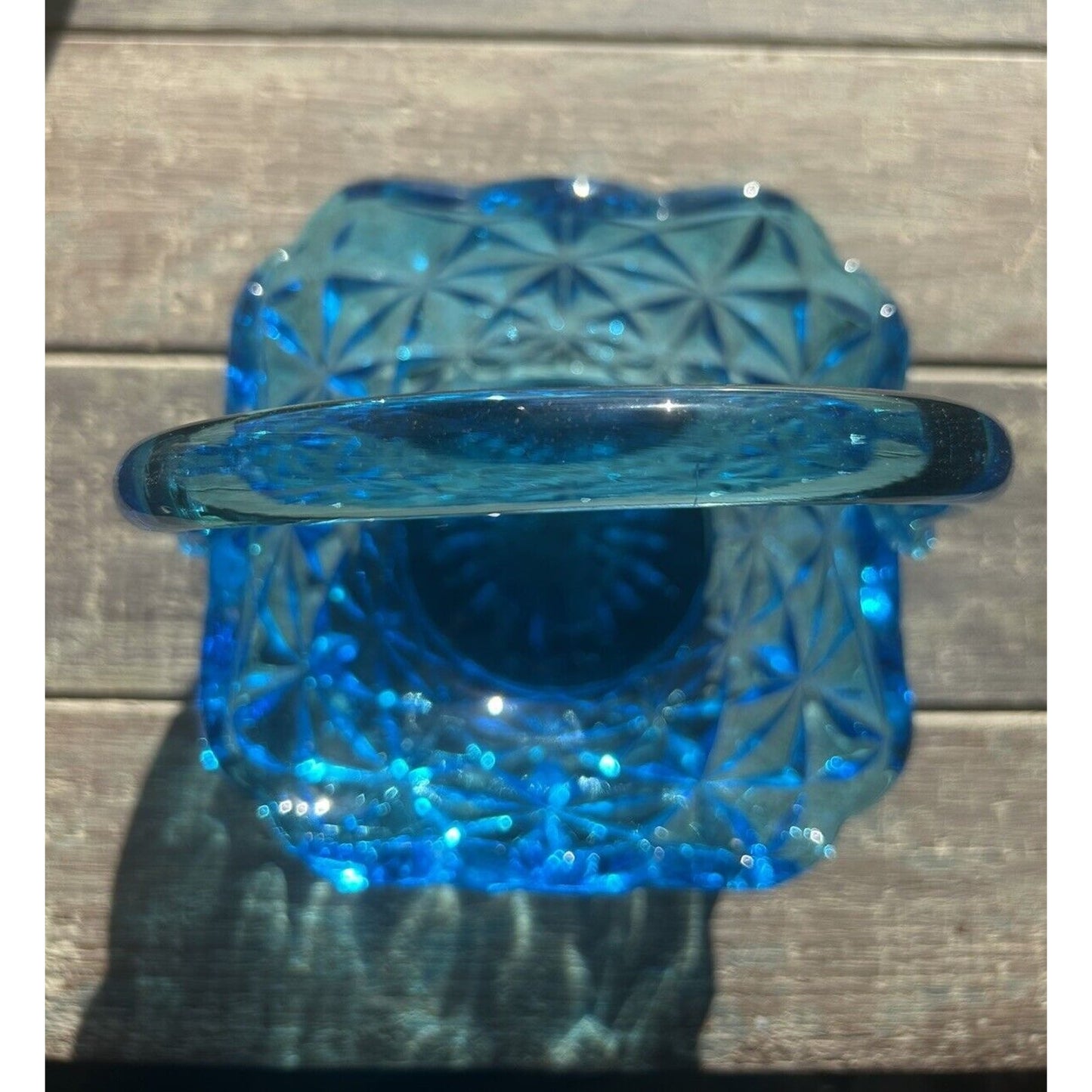 EUC Vintage Indiana Glass Monticello Aqua Blue Basket Handle 7" Easter Gift Art