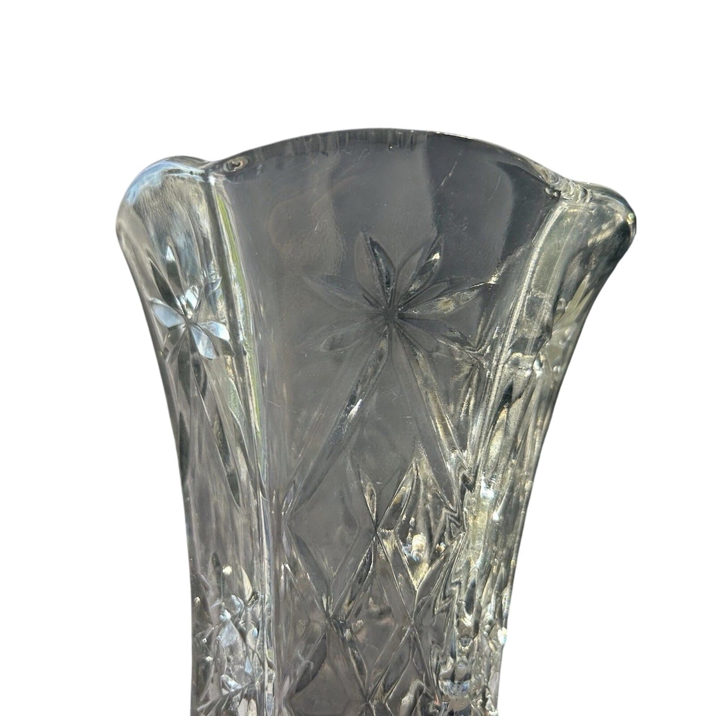 Crystal Starburst Vintage Anchor Hocking Star of David Vase 8.5” Cut Glass Hexagonal