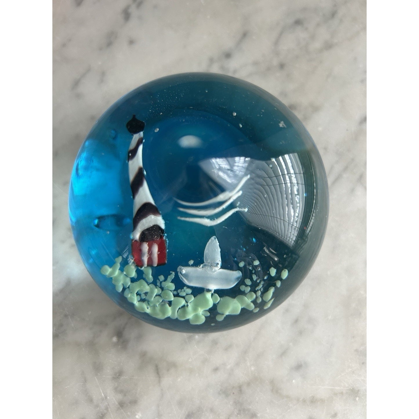 Glass Paperweight Nautical Beach Theme Home Decor Lighthouse Boat Blue Sky Birds