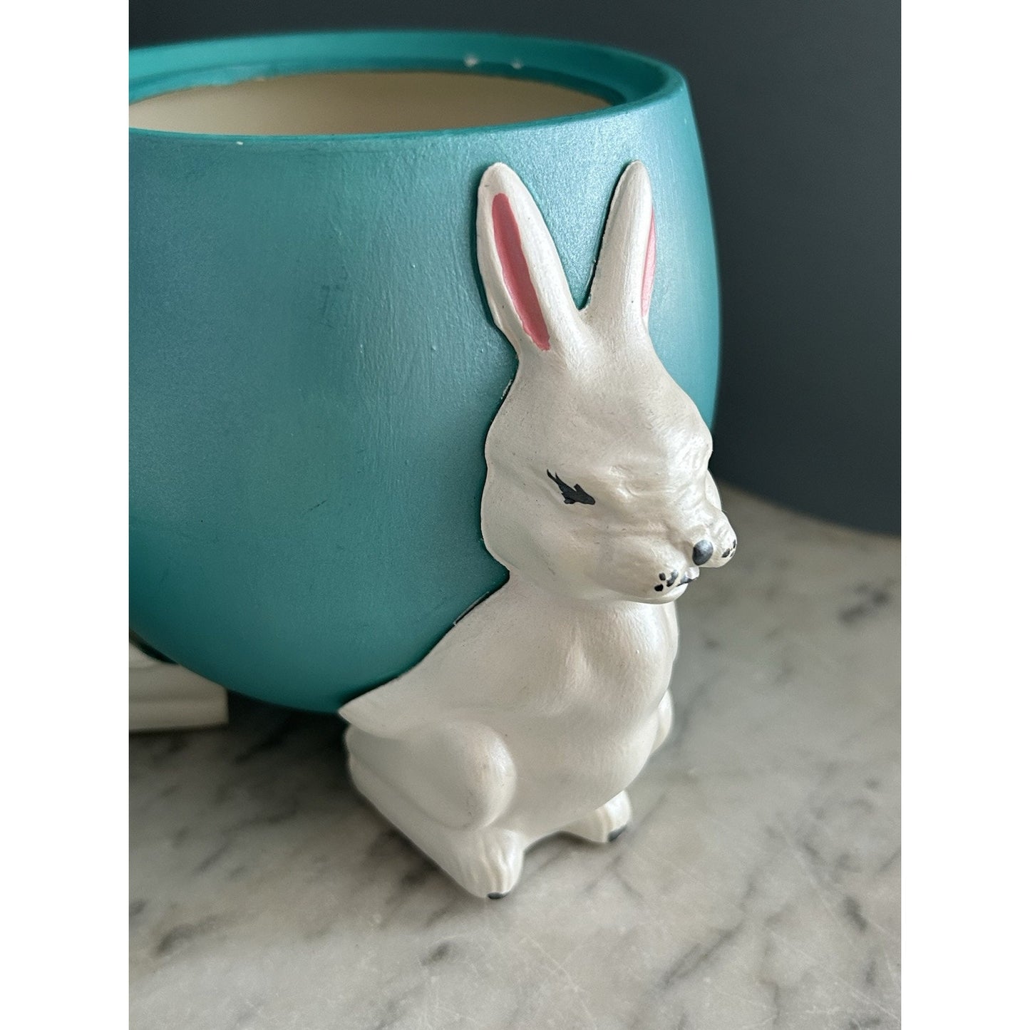 (2) 1960s Ceramic Easter Egg Candy Jar Hand Painted Bunnies Rabbits Purple Teal