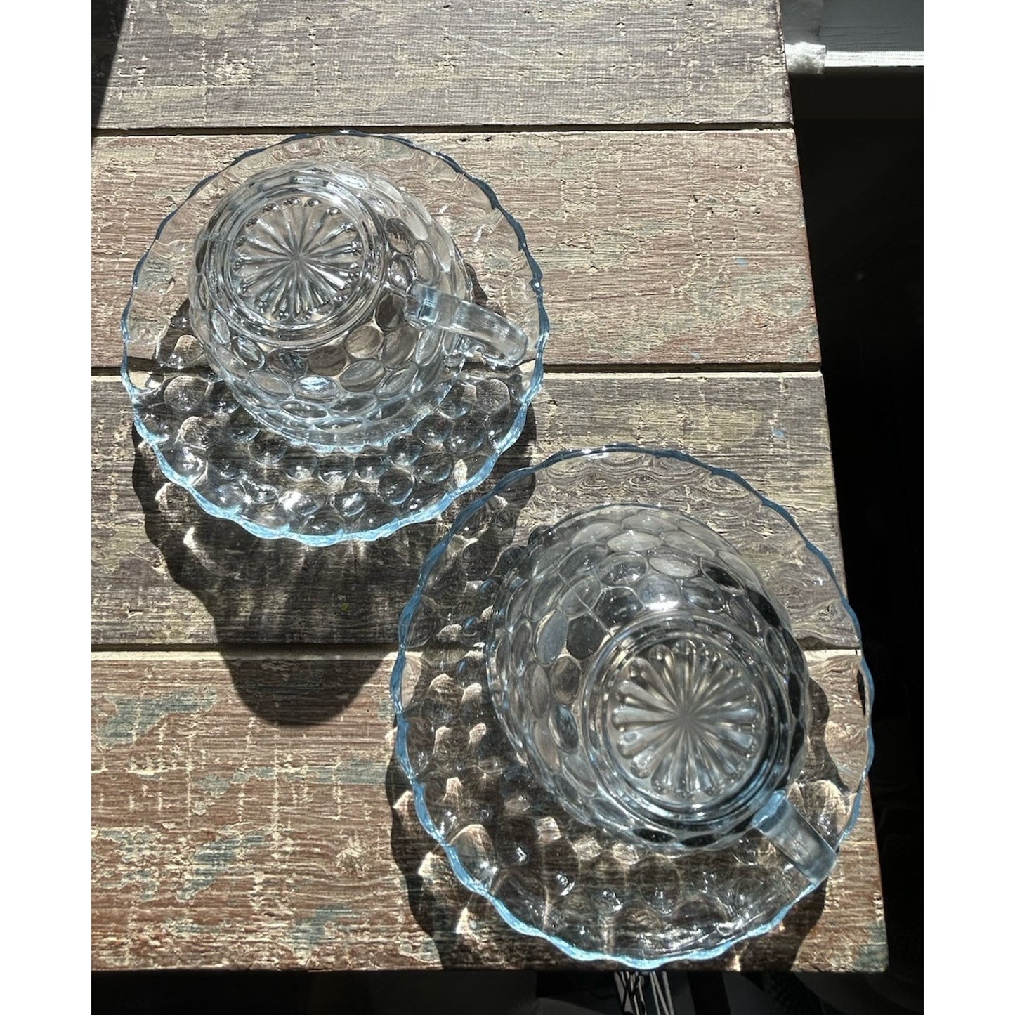 2 Anchor Hocking Fire King Blue Bubble Cup Saucer MCM 1940-1965 Coffee Tea