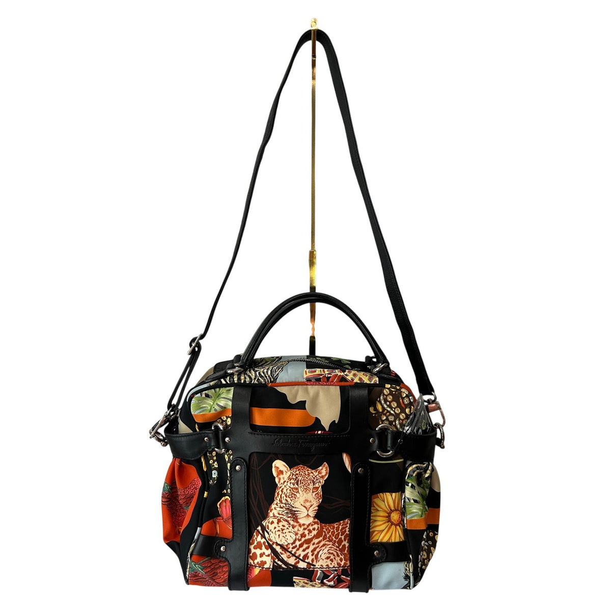 Salvatore Ferragamo Fiera Tote Jungle Leopard Safari Nylon Leather Bag Purse COA