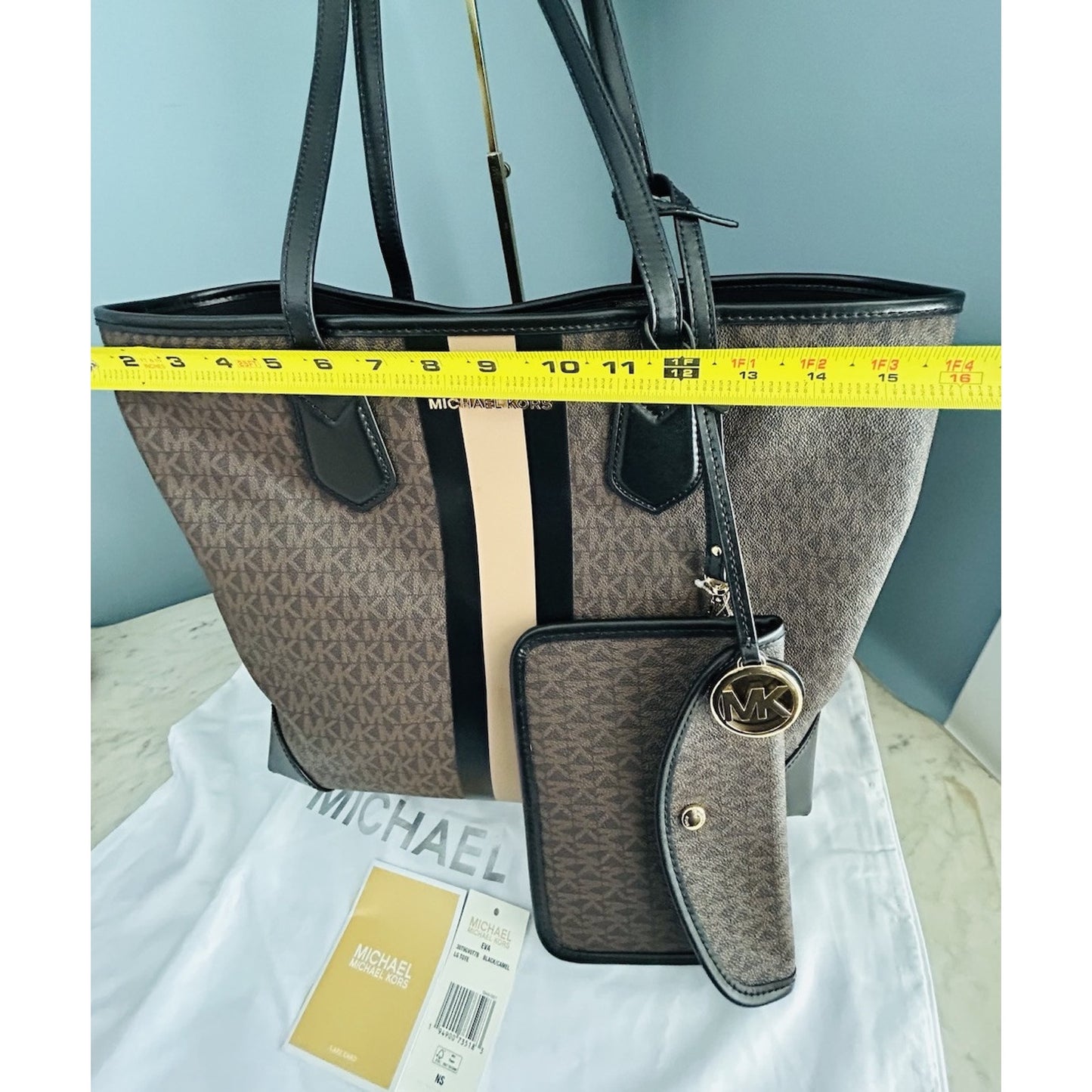 Michael Kors Eva Large Logo Stripe Tote Bag Plus Pouch Black Camel Laptop NWT