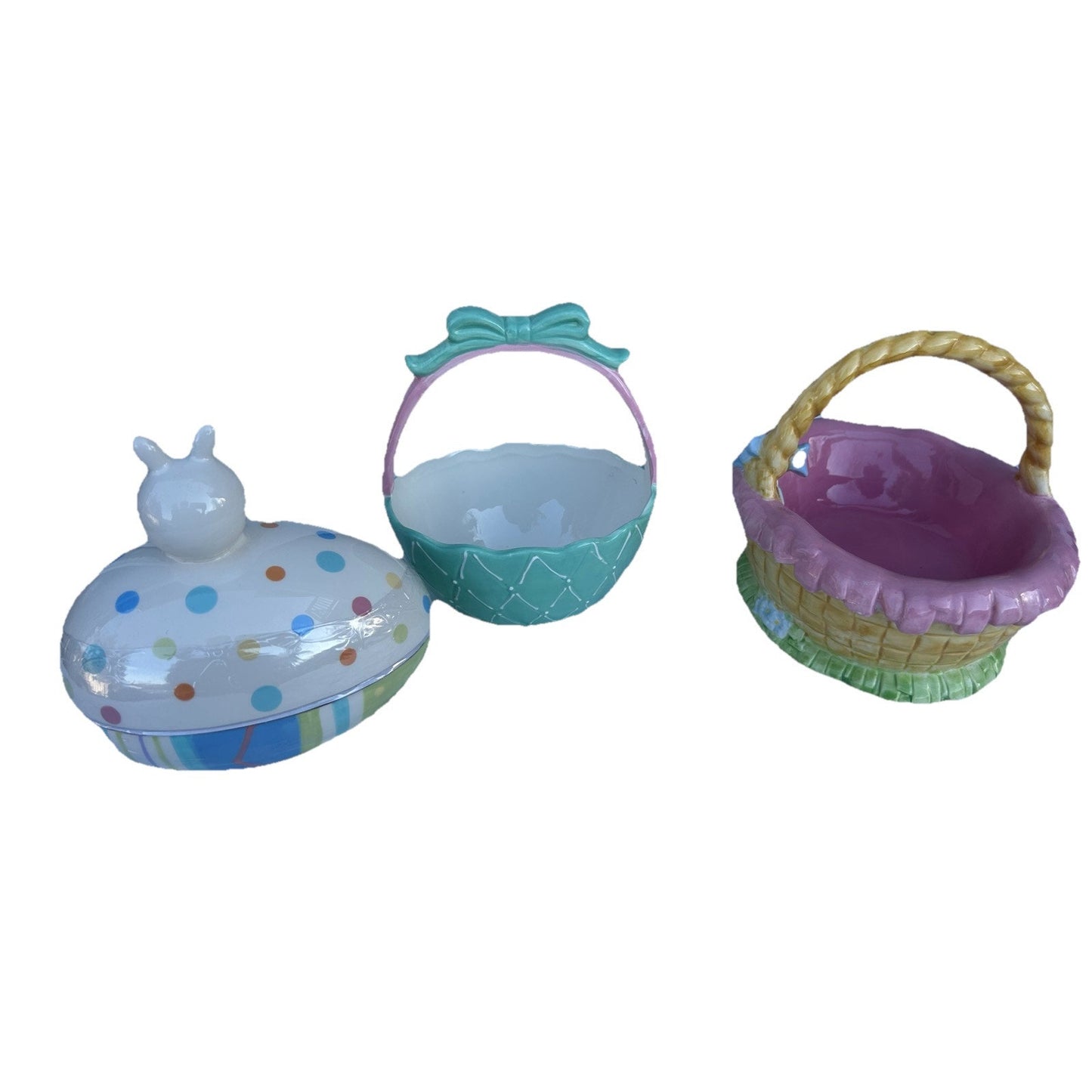 Lot of 3 Ceramic Easter Candy Dishes 2 Baskets and 1 Jelly Bean Lid Dish Bundle