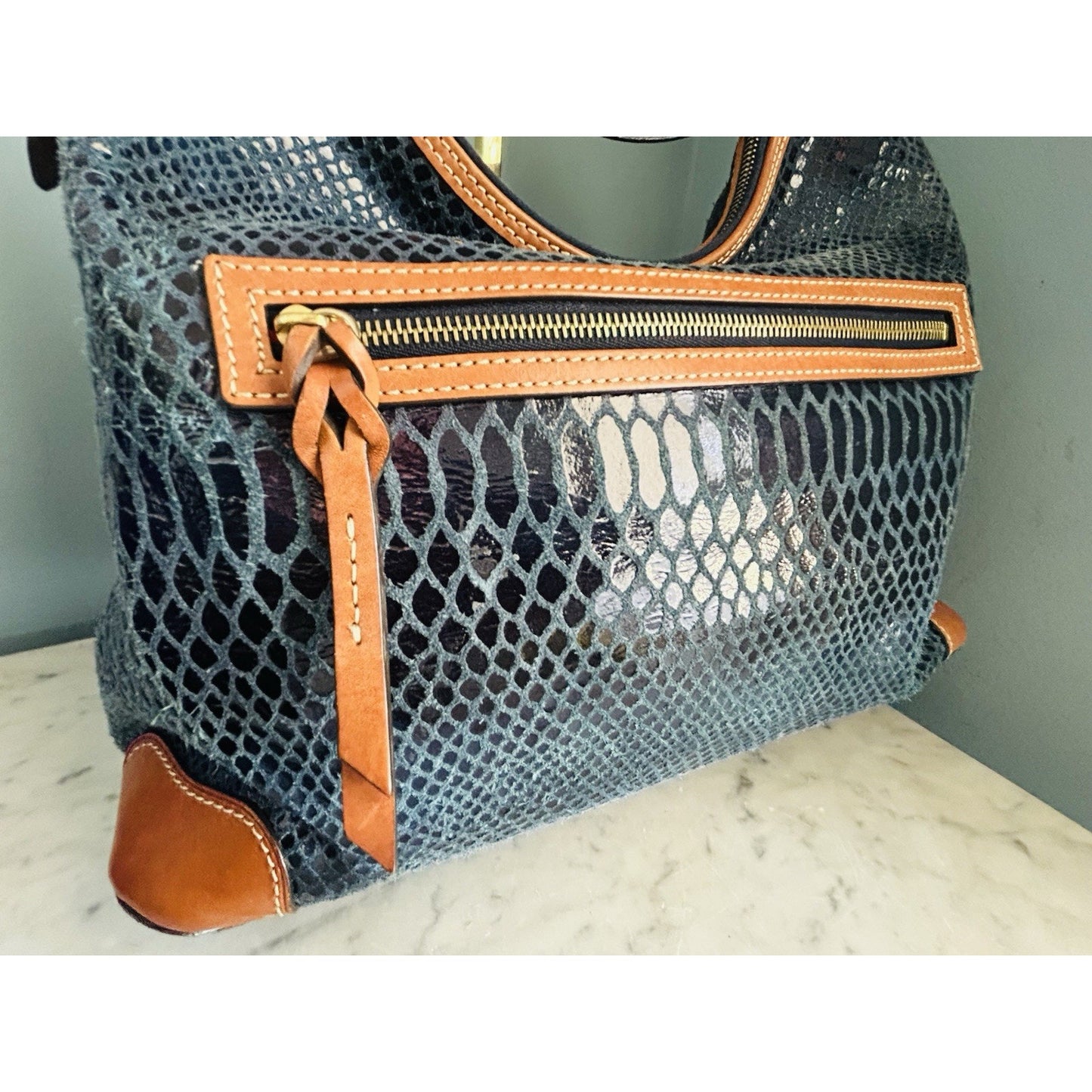 Dooney & Bourke Erica 90s Hobo Bag Snake Embossed Navy Blue Leather Suede Purse