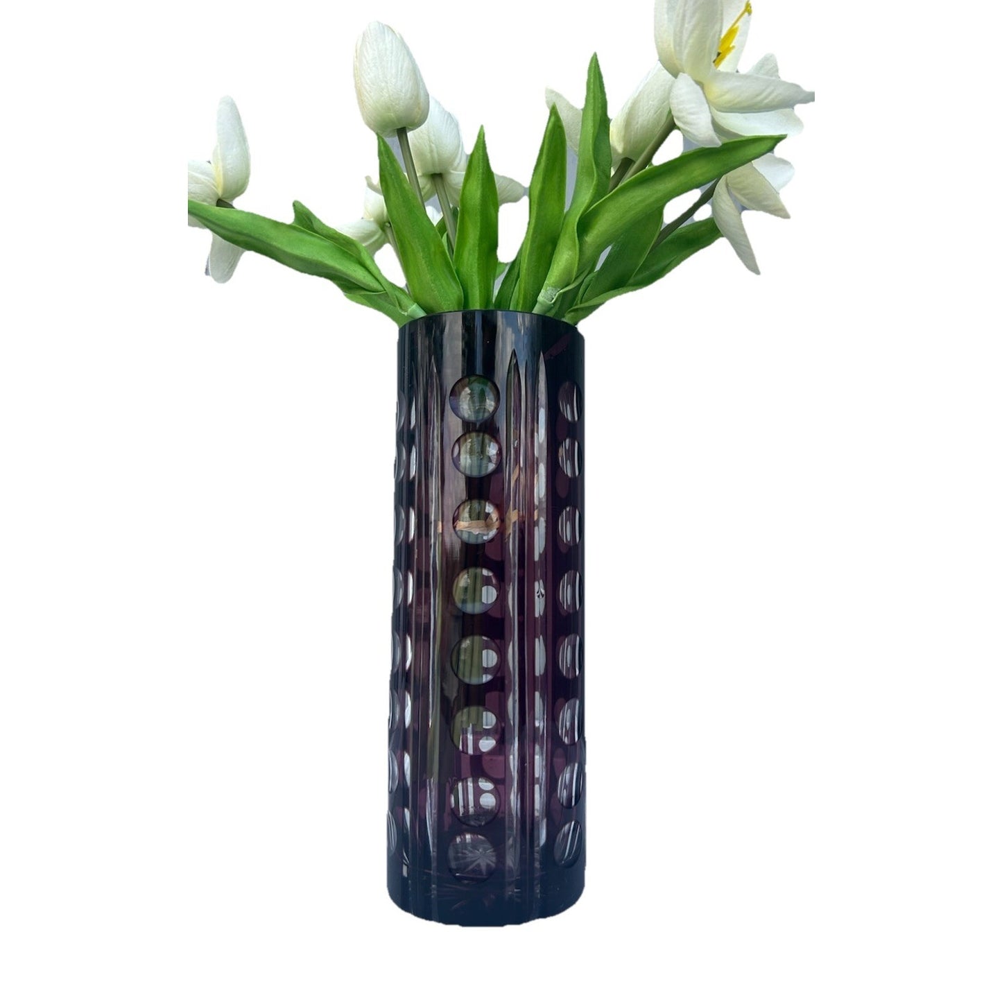 Vintage Purple Bohemian Tall Crystal Vase Amethyst 10” Tall Art Deco Geometric