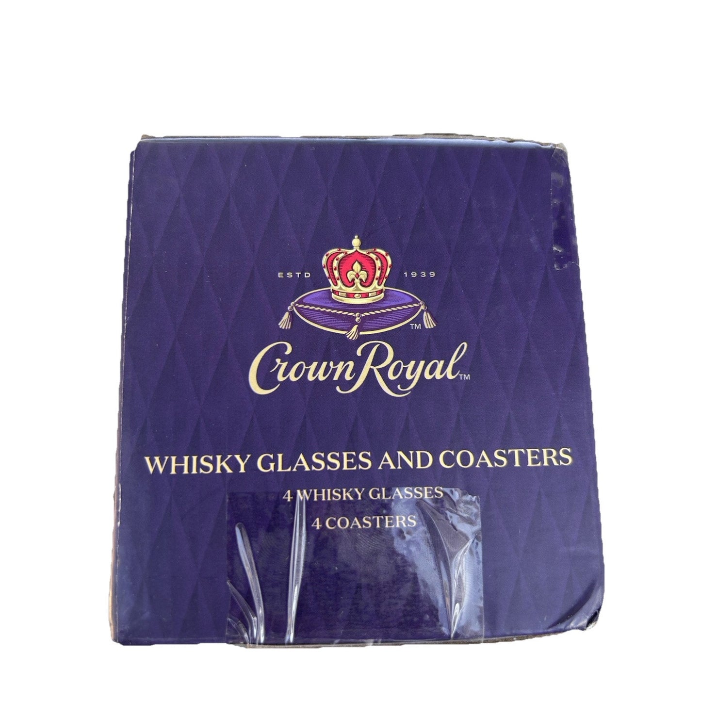 New Set of 4 Crown Royal Whiskey Glasses & 4 Coasters New In Box
