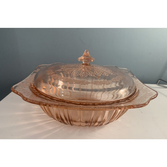 Vintage Jeannette Adam Pink Depression Glass Serving Bowl w/ Lid Vegetable Dish