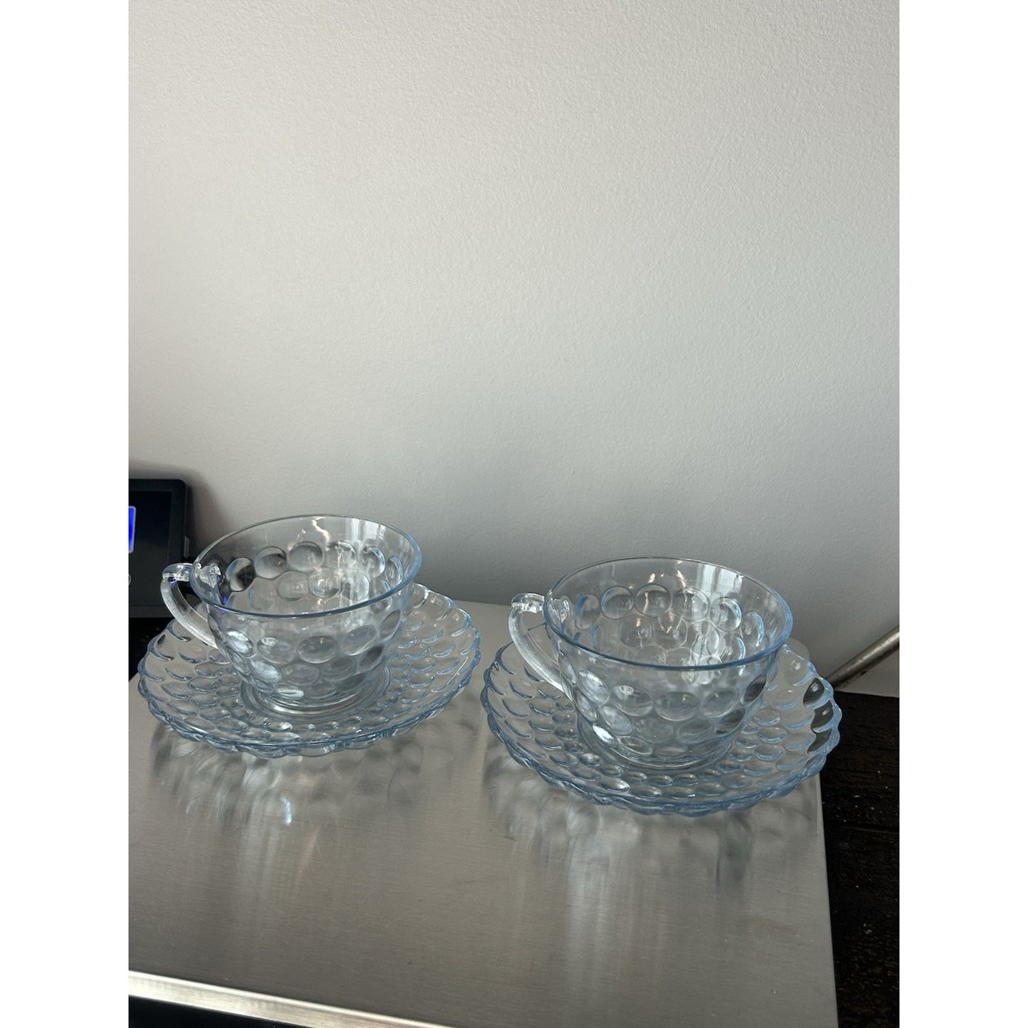 2 Anchor Hocking Fire King Blue Bubble Cup Saucer MCM 1940-1965 Coffee Tea