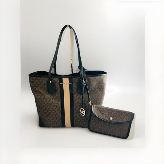 Michael Kors Eva Large Logo Stripe Tote Bag Plus Pouch Black Camel Laptop NWT