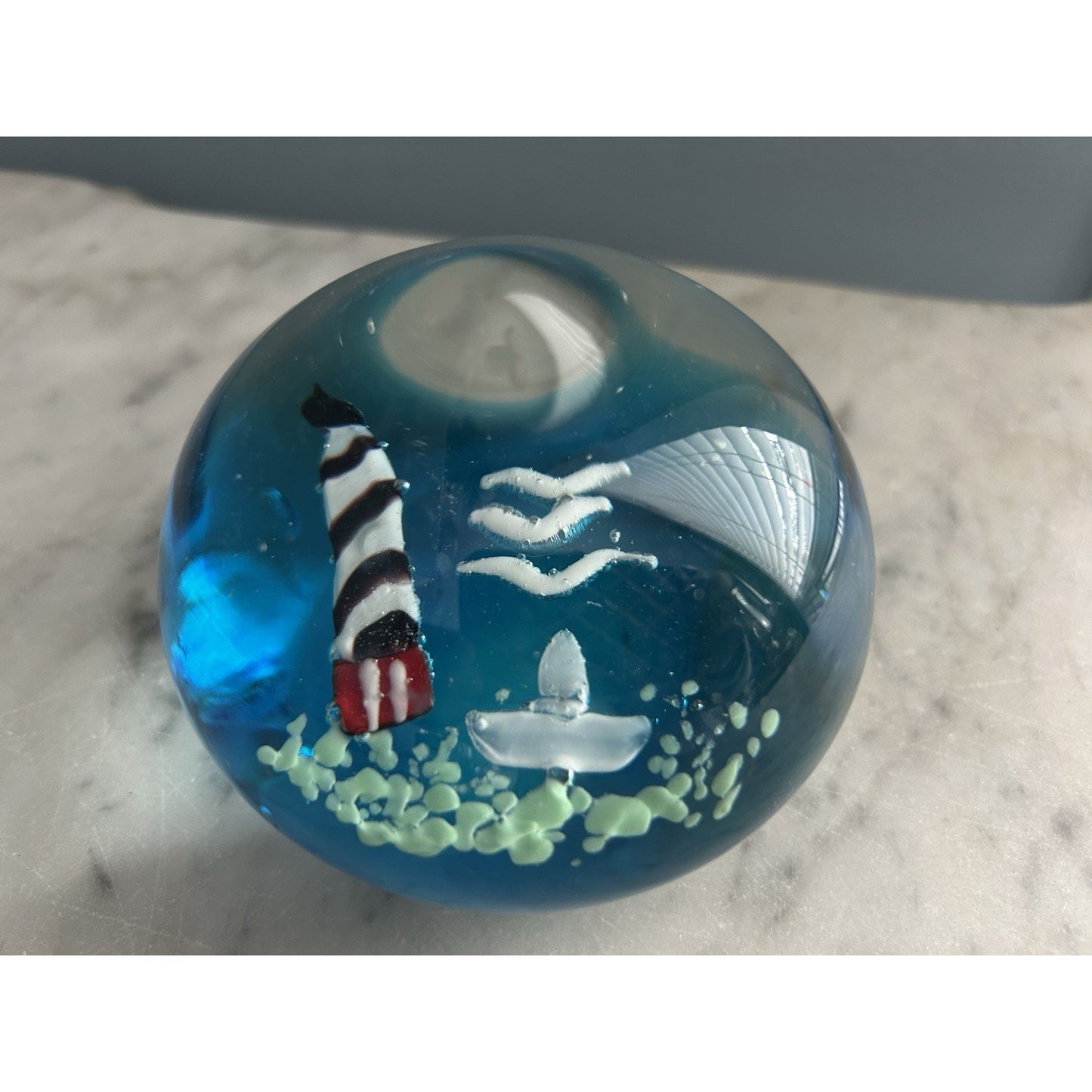 Glass Paperweight Nautical Beach Theme Home Decor Lighthouse Boat Blue Sky Birds