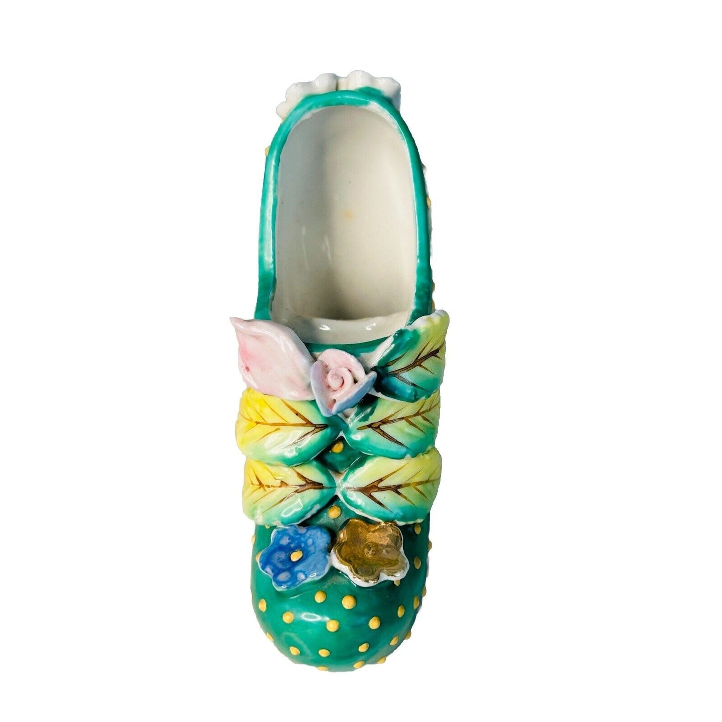 Vintage Hand Painted Shoe High Heel Polka Dots 3D Flowers Leaf Green 4" Japan