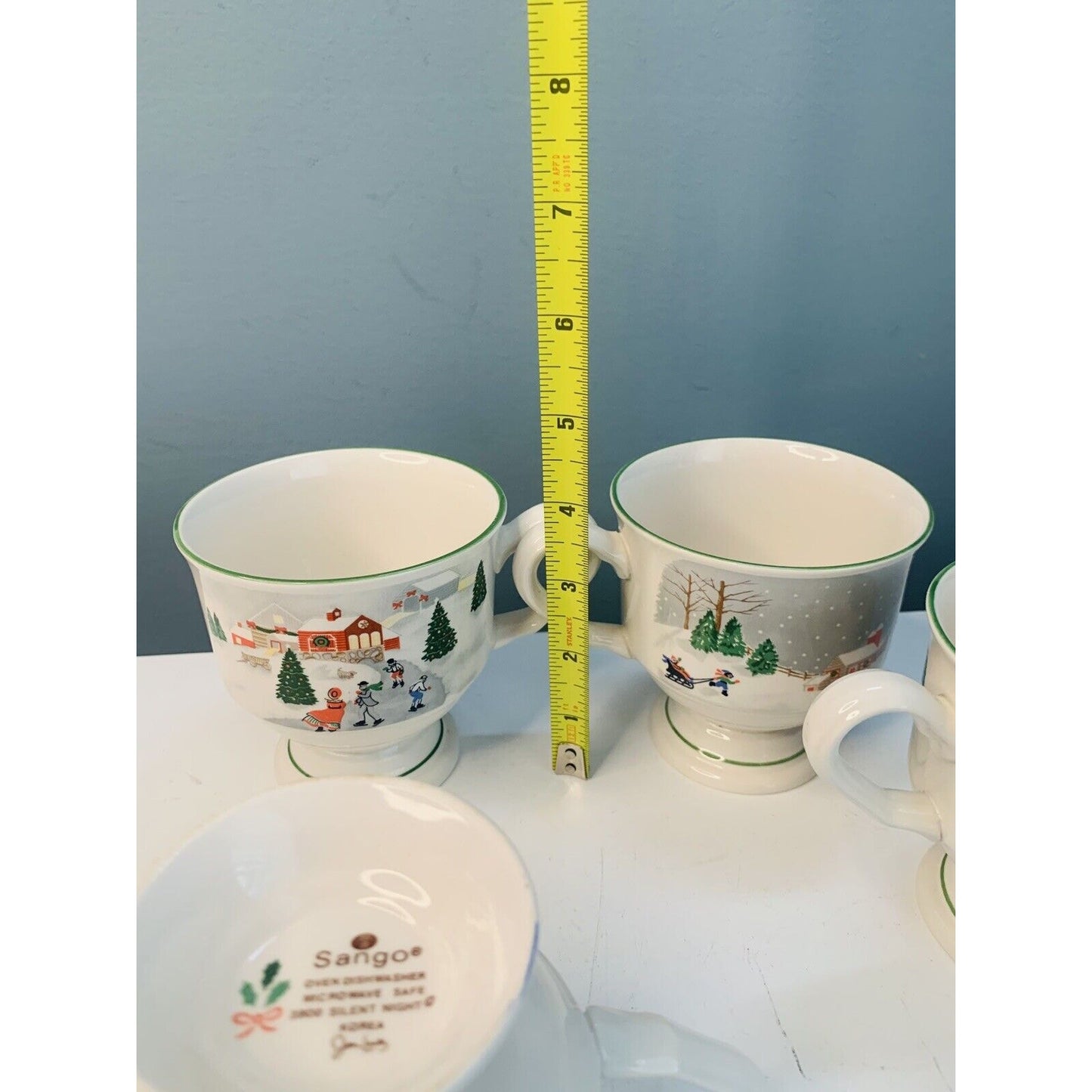 4 Sango Silent Night Footed Coffee Mugs Winter Scenes #3900 Vintage Christmas