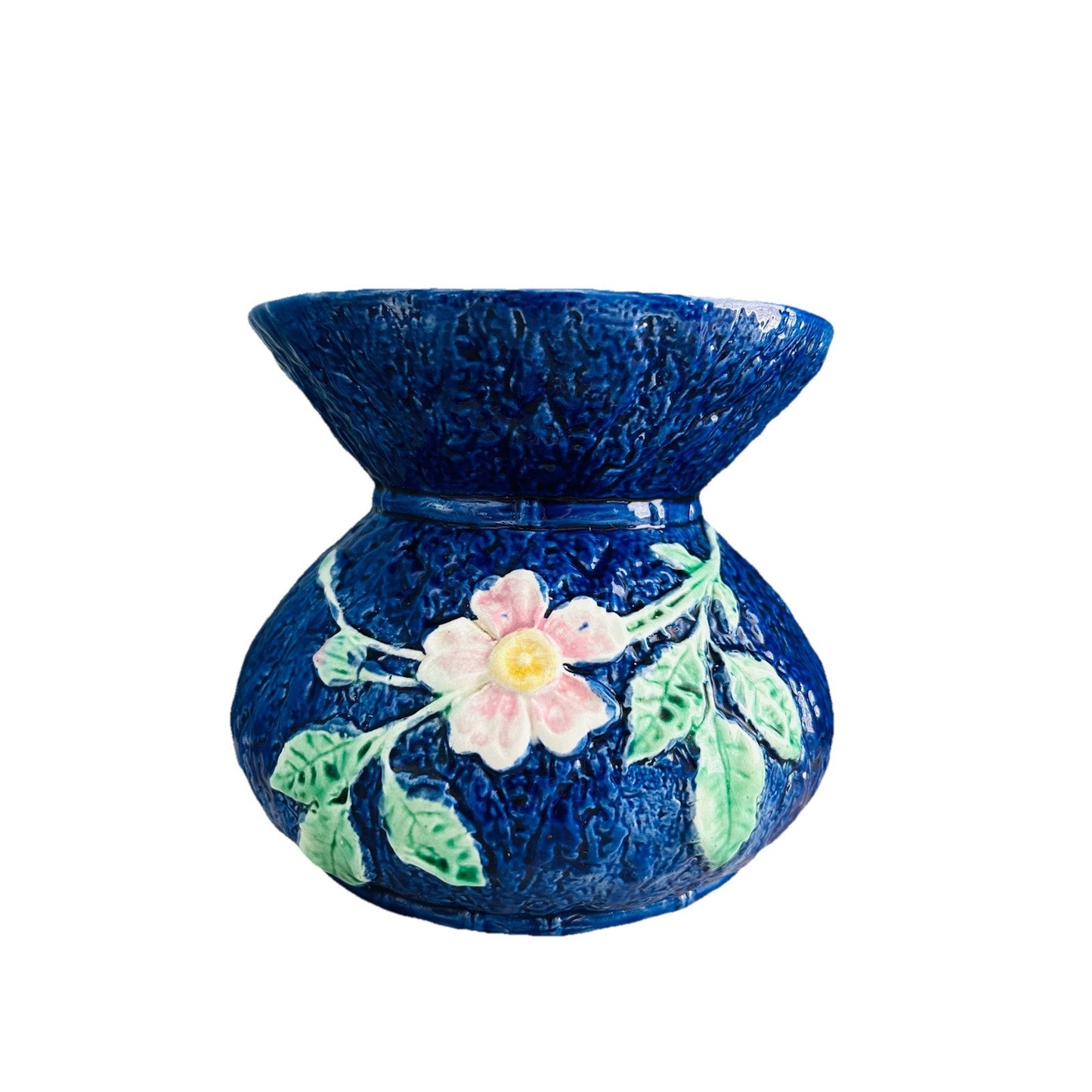 Antique Wild Rose Majolica Cupsidor 19th Century Squat Vase Home Decor Blue Pink