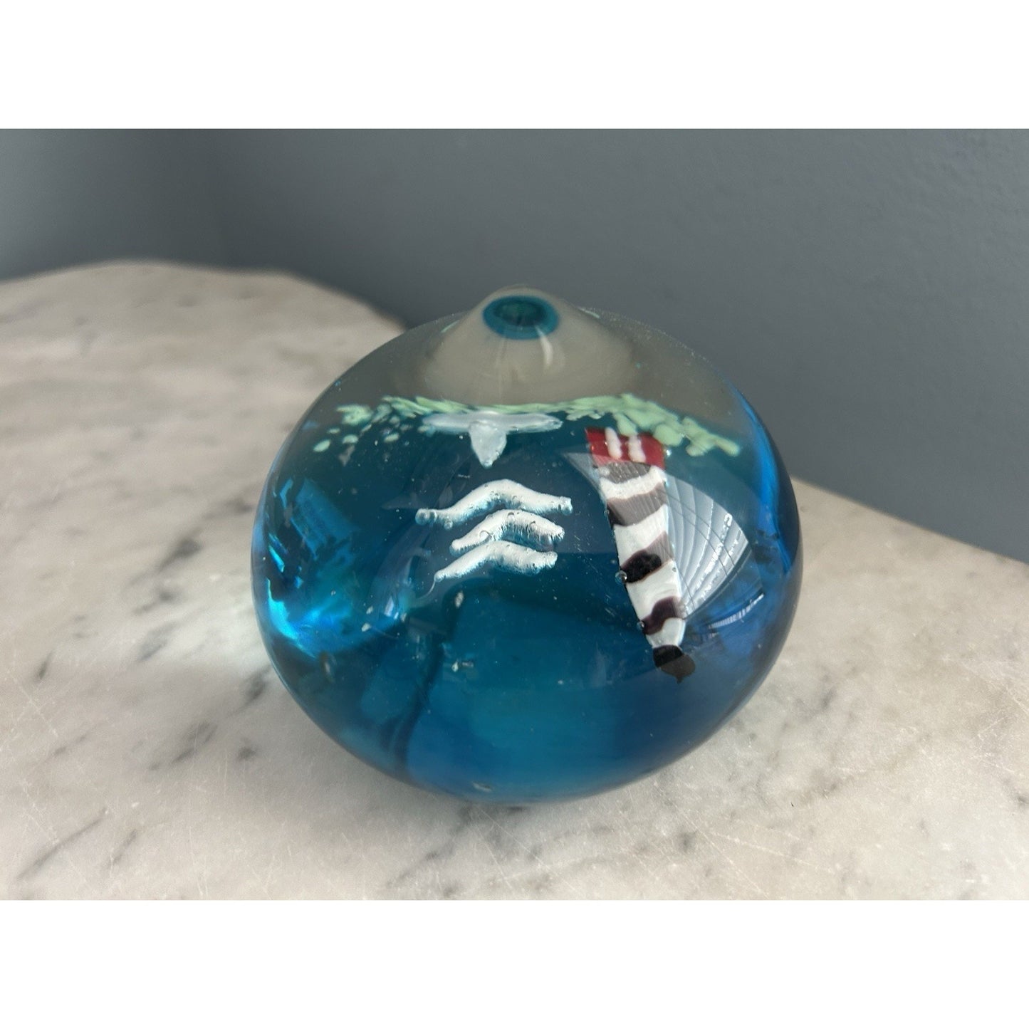 Glass Paperweight Nautical Beach Theme Home Decor Lighthouse Boat Blue Sky Birds