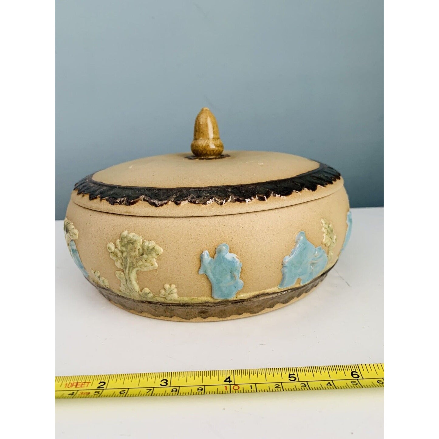 Arnel’s Signed Blue Teal Green Tan Lidded Ceramic Dish Trinket Box Home Decor