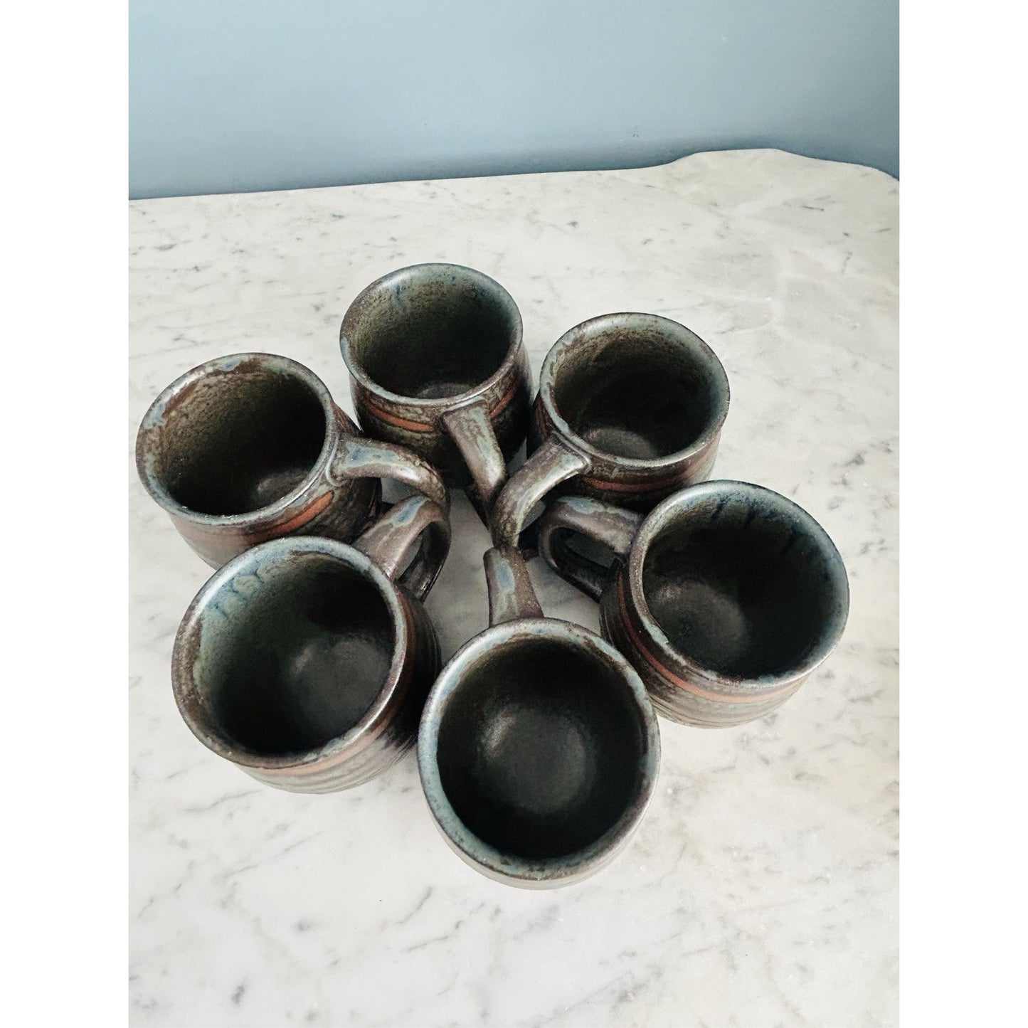 6 Vintage Japan Potbelly Coffee Mugs Mottled Glaze Stoneware Textured 12 oz