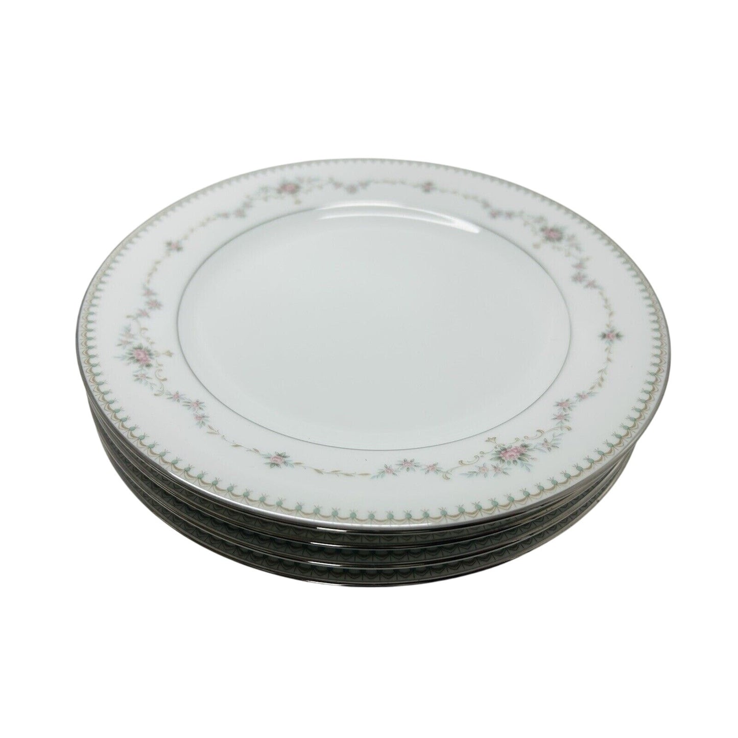 4 Noritake China Fairmont 6102 8 1/4" Salad Plate Platinum Trim New Pink Flowers