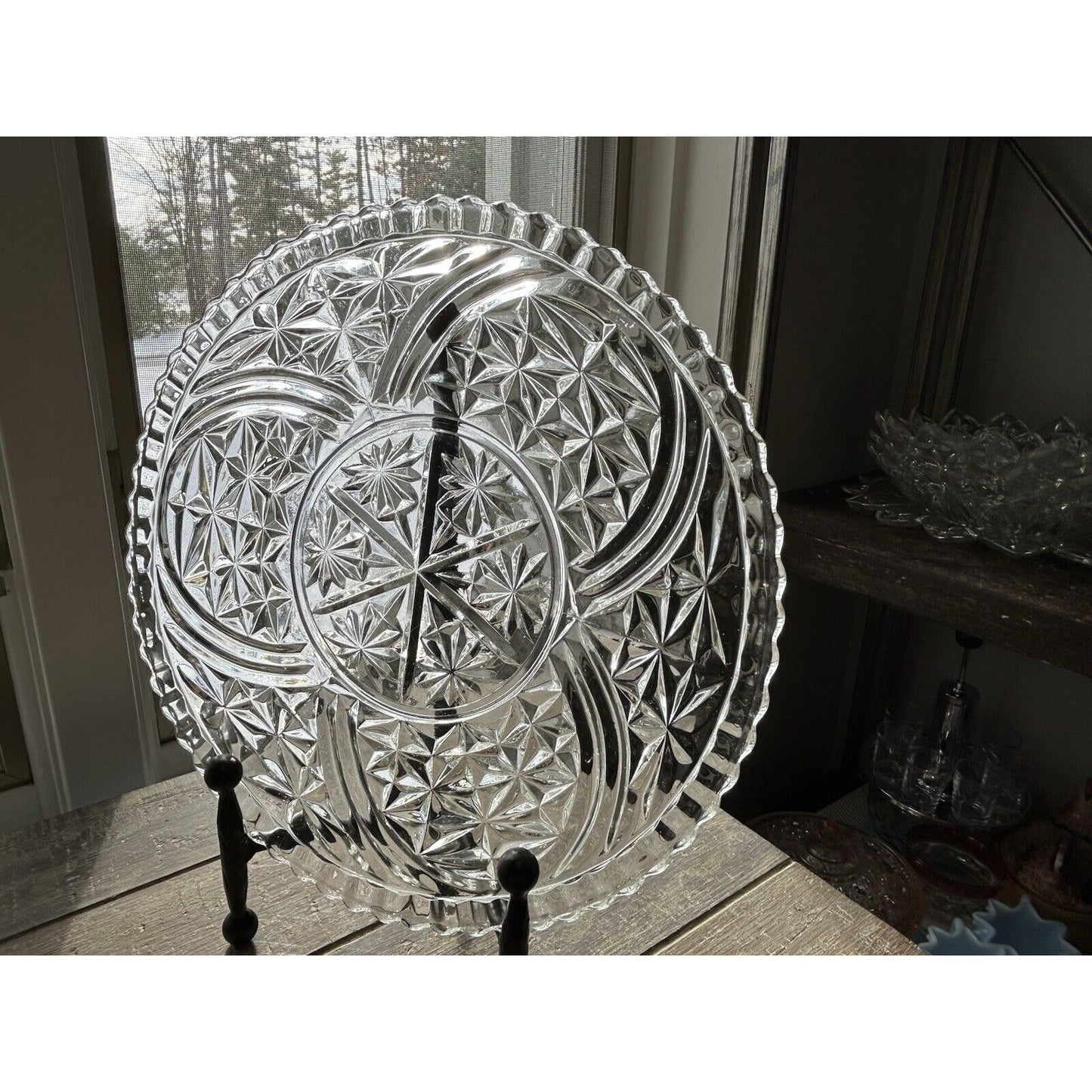 Anchor Hocking Stars and Bars Torte Plate Round Platter Tray Pressed Glass