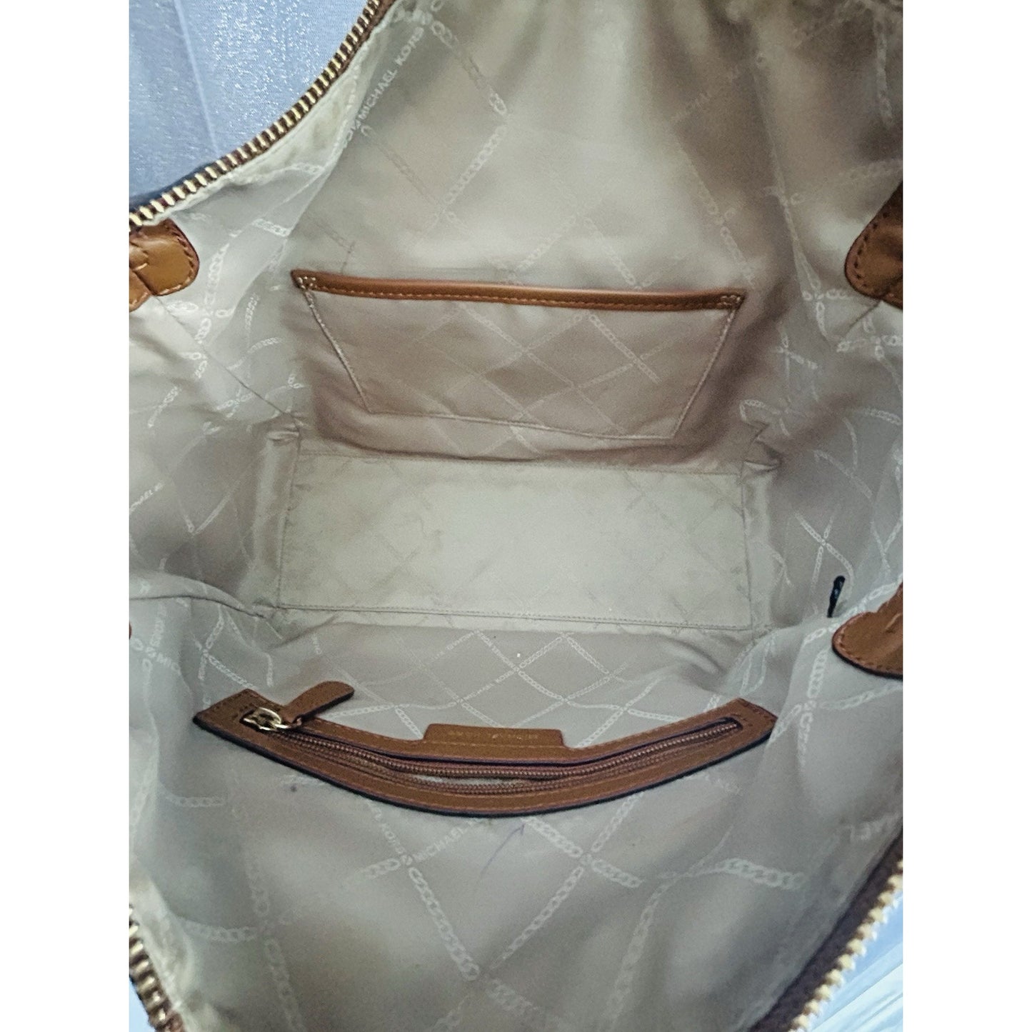 Michael Kors Carine Medium Brown Acorn Gold Satchel Handbag Handle MK Logo