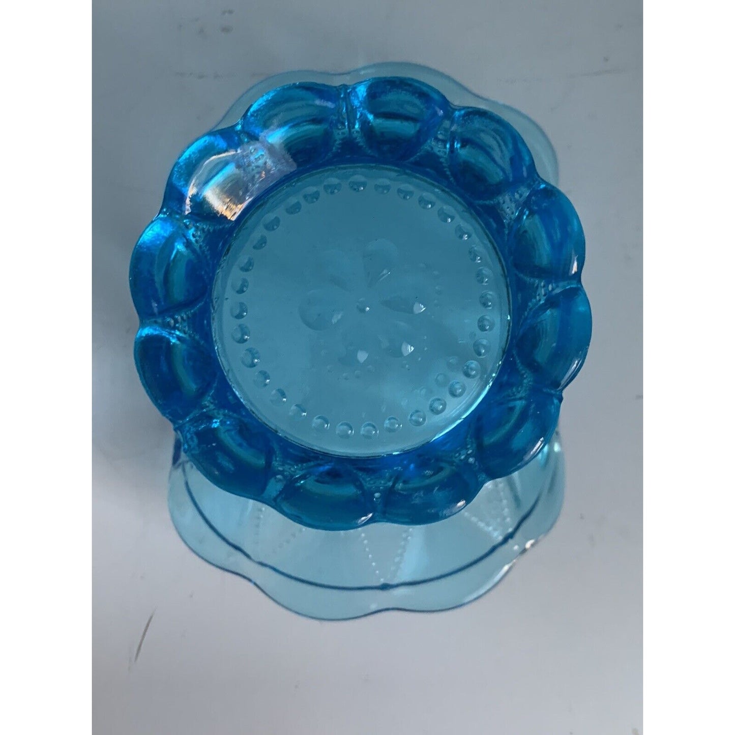 Vintage Kemple Blue Glass Basket Hat Vase Lace Dew Drop Pattern Lace N Dewdrop
