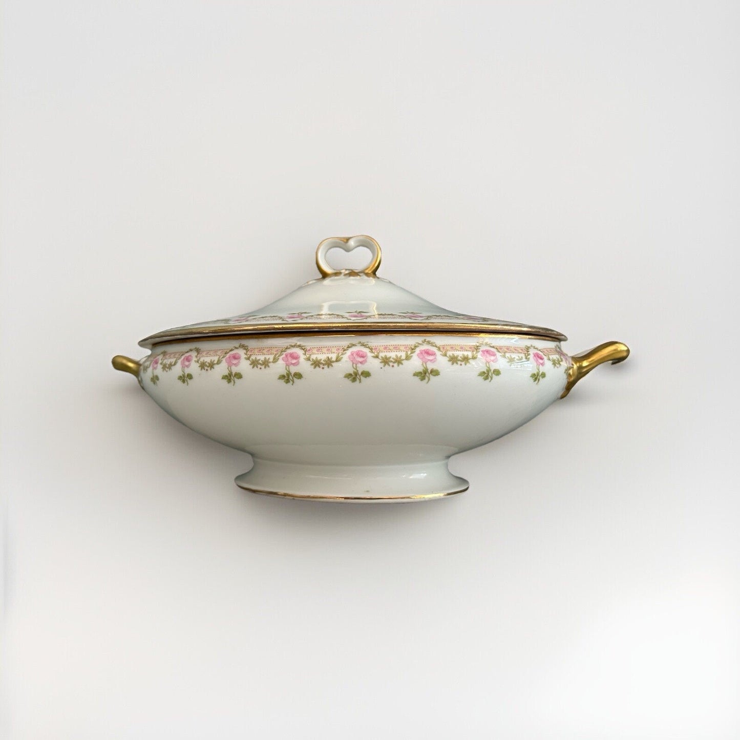 Oval Covered Serving Bowl lid Limoges Wm Guerin GUE19 Pink Roses Antique Gold