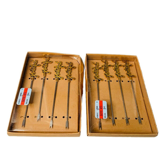 (2) Sets Of 4 Cocktail Picks 2 Prong Metal Gold Grateful Appetizer Forks New