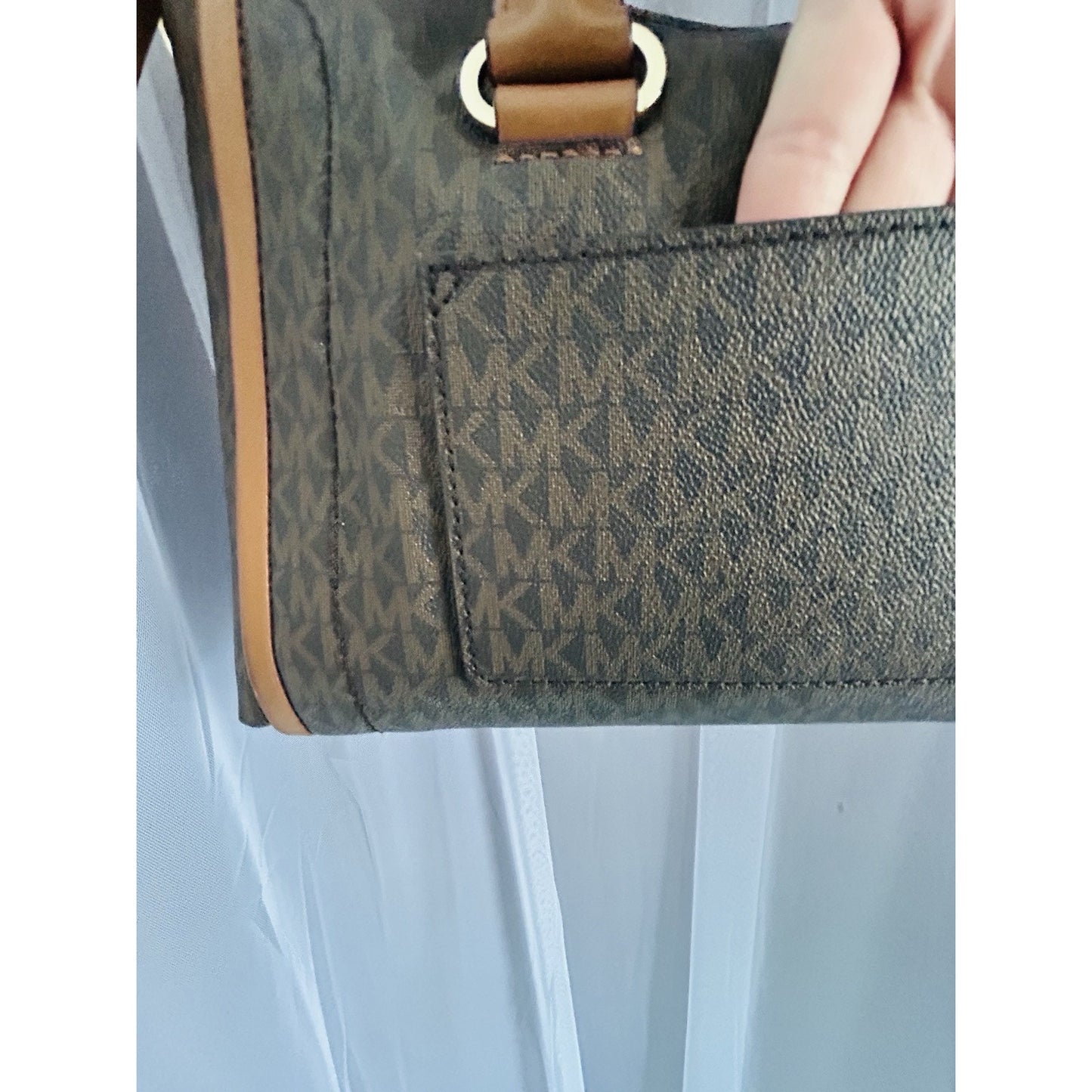 Michael Kors Carine Medium Brown Acorn Gold Satchel Handbag Handle MK Logo