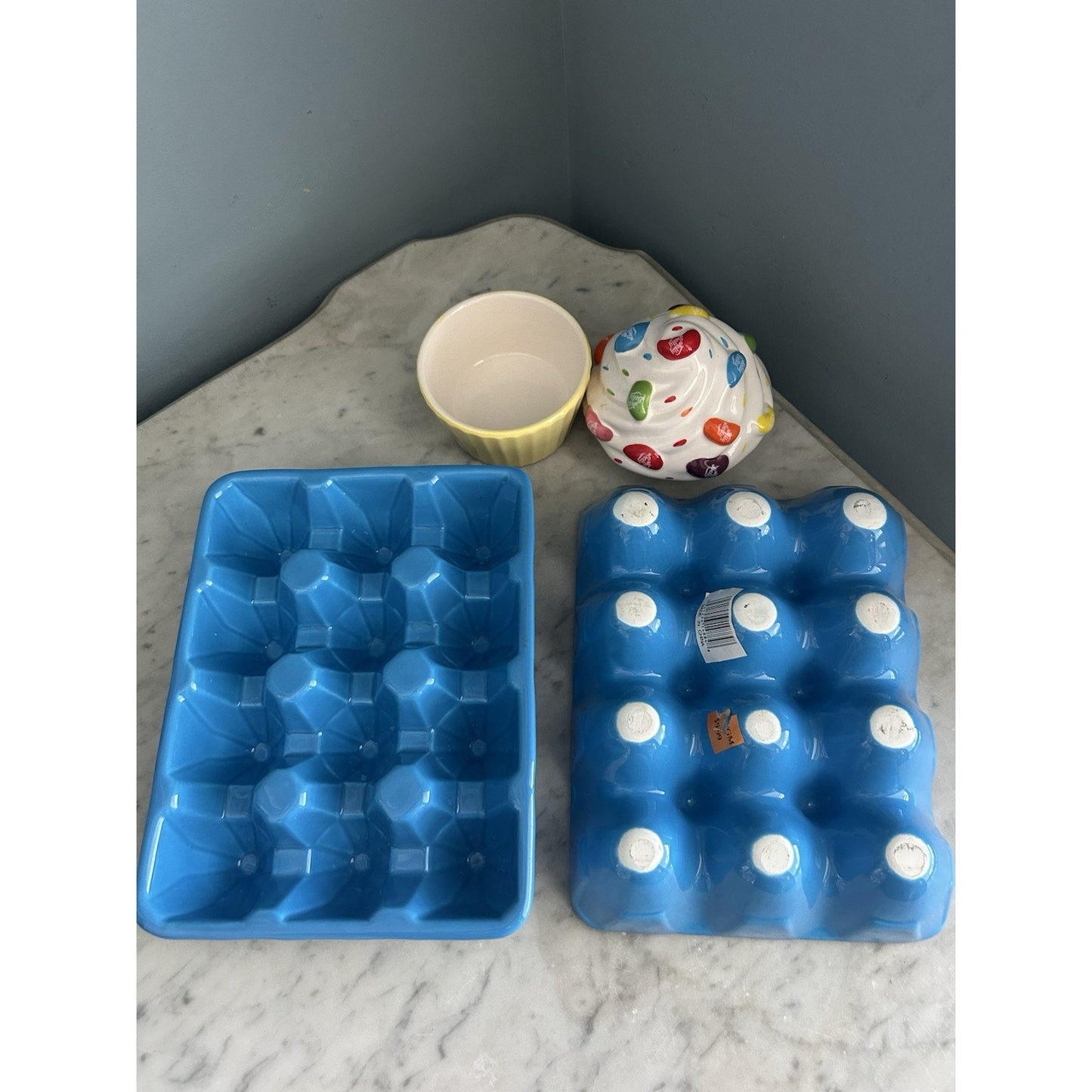 2 Ceramic Blue Egg Crates for Easter Eggs Refrigerator Jelly Belly Cupcake Dish