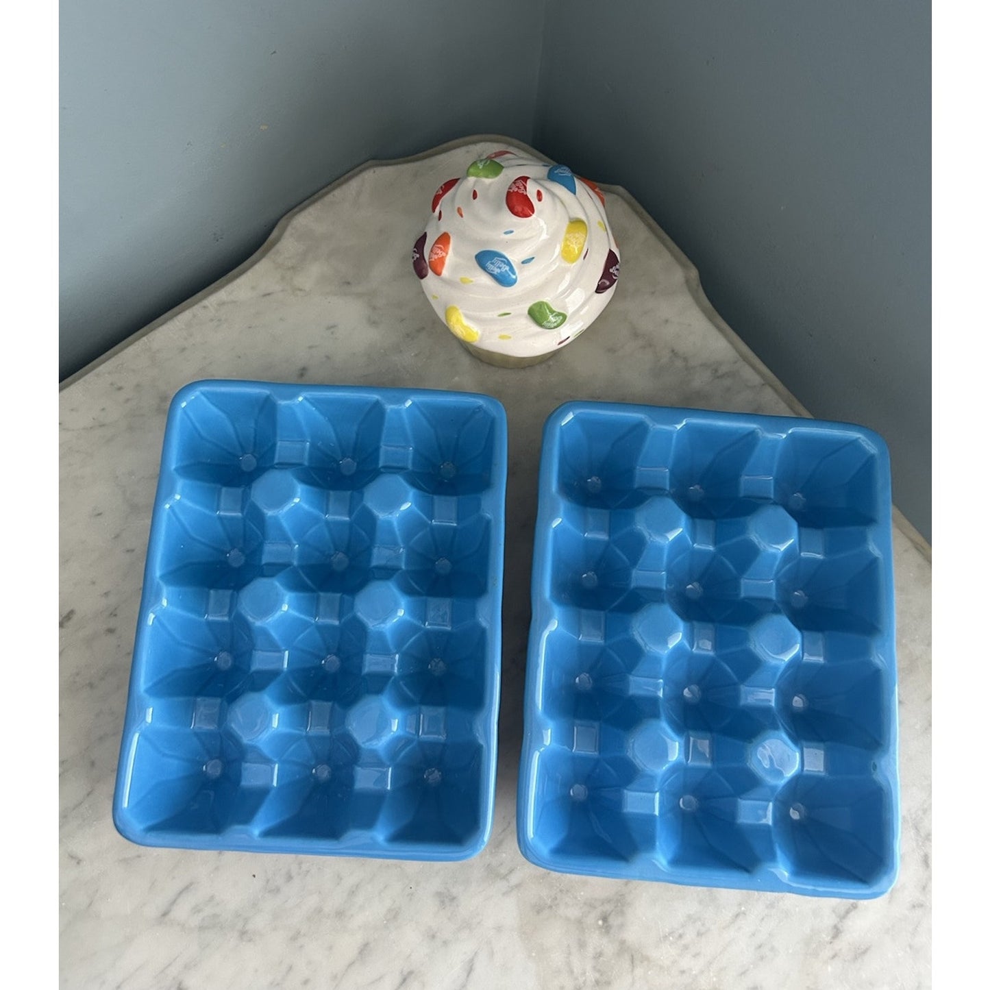2 Ceramic Blue Egg Crates for Easter Eggs Refrigerator Jelly Belly Cupcake Dish