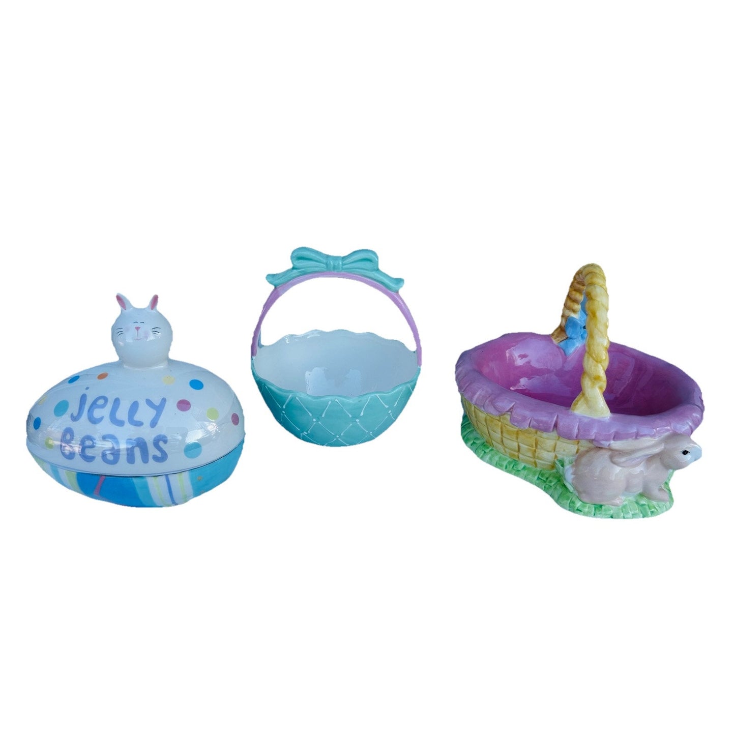 Lot of 3 Ceramic Easter Candy Dishes 2 Baskets and 1 Jelly Bean Lid Dish Bundle