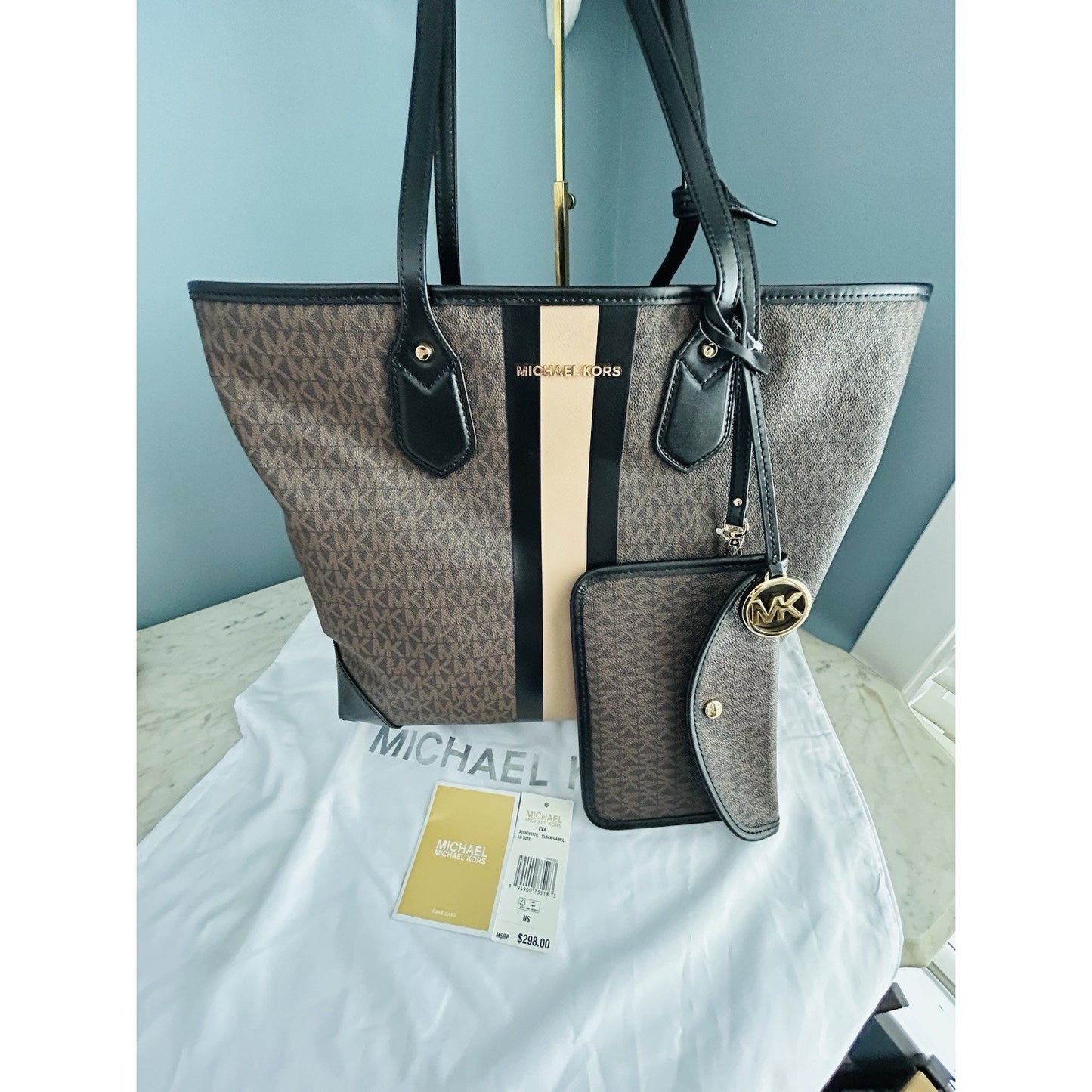 Michael Kors Eva Large Logo Stripe Tote Bag Plus Pouch Black Camel Laptop NWT
