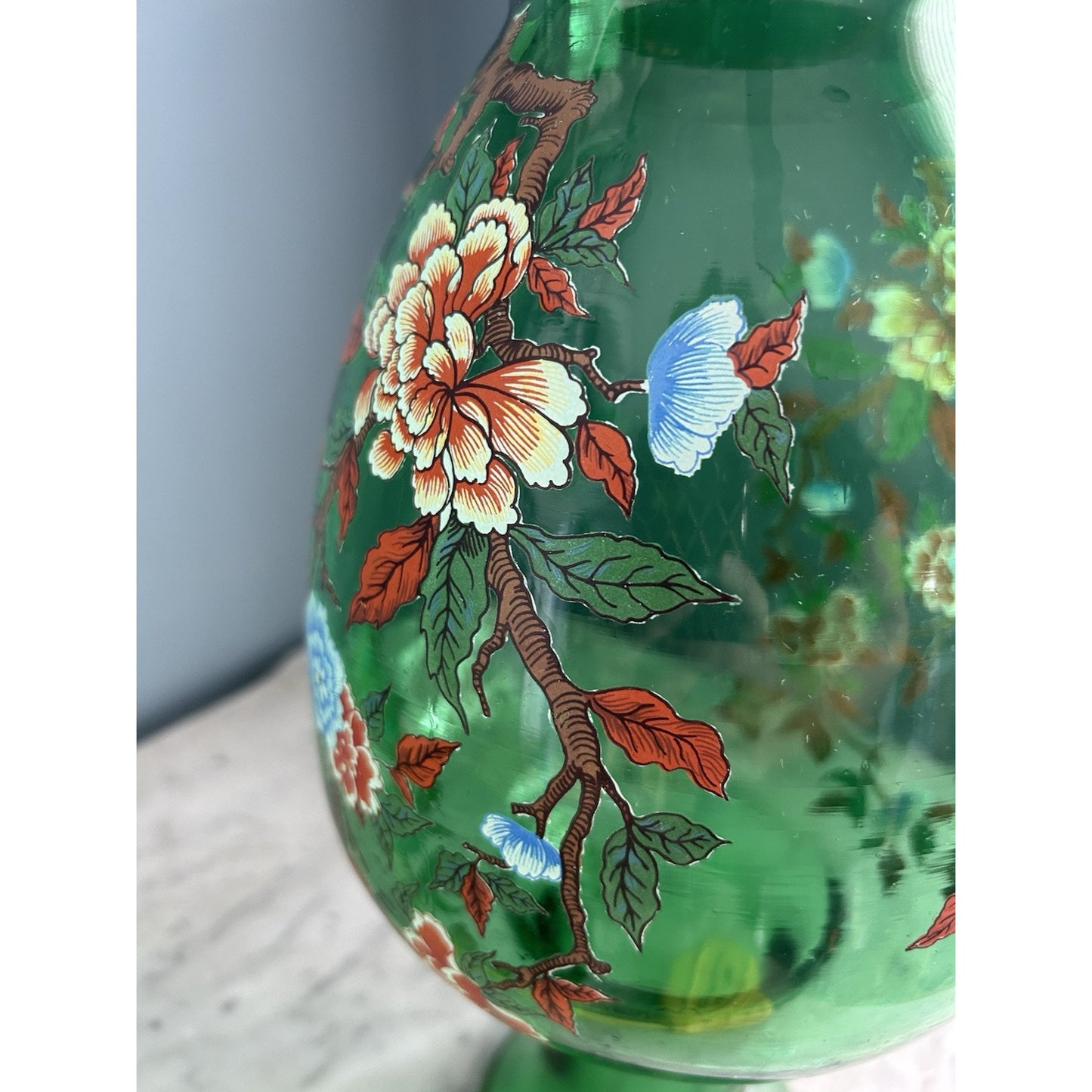 Norleans Large Green Glass Vase 16 " Gold Gilted Vintage Flowers Floral Design