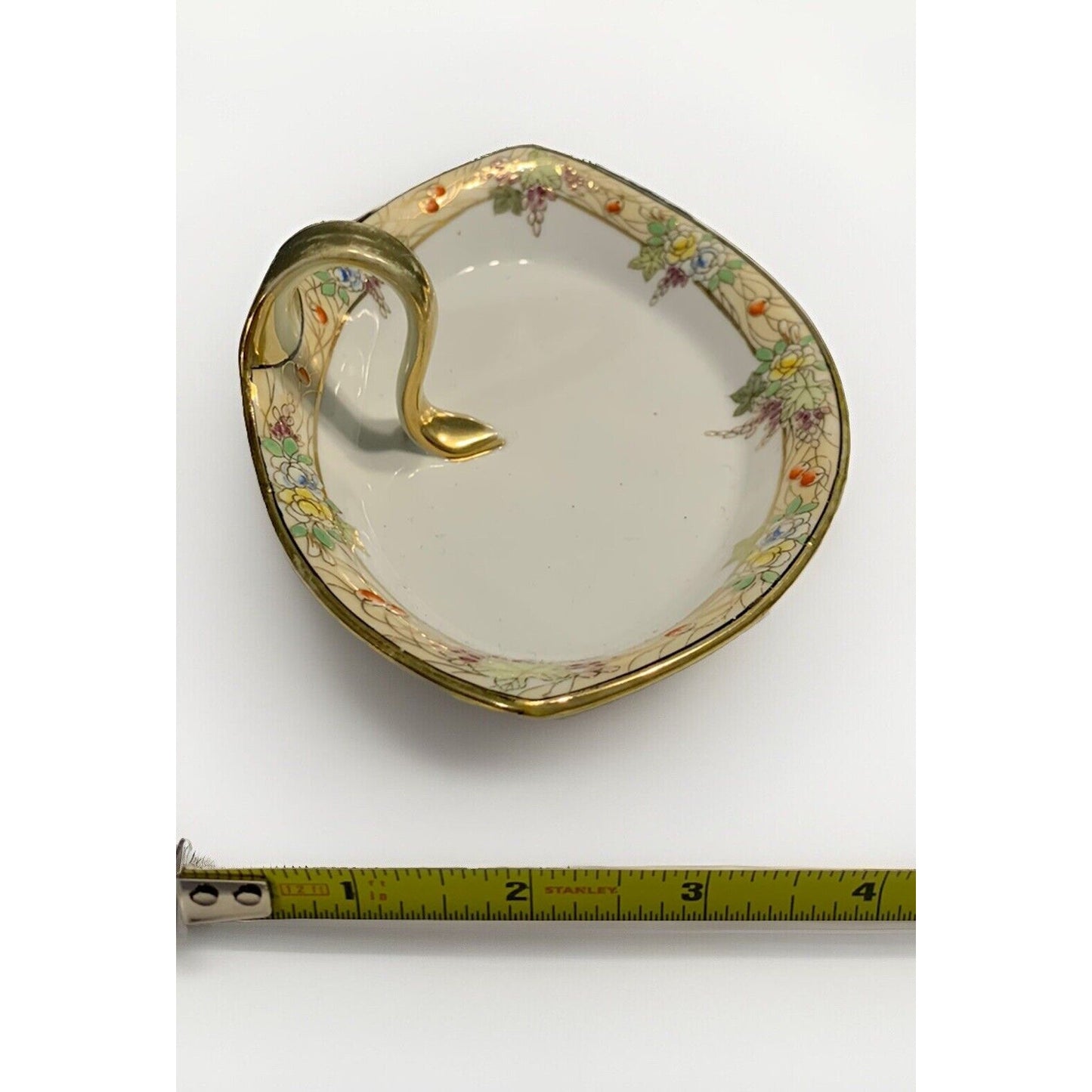 Vintage Nippon Hand Painted Divided Dish Tray w/ Finger Hole Handle Gold Flowers