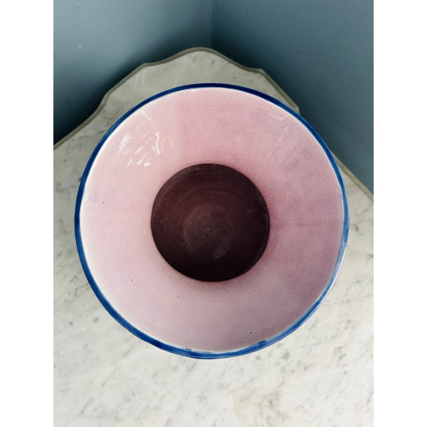 Antique Wild Rose Majolica Cupsidor 19th Century Squat Vase Home Decor Blue Pink
