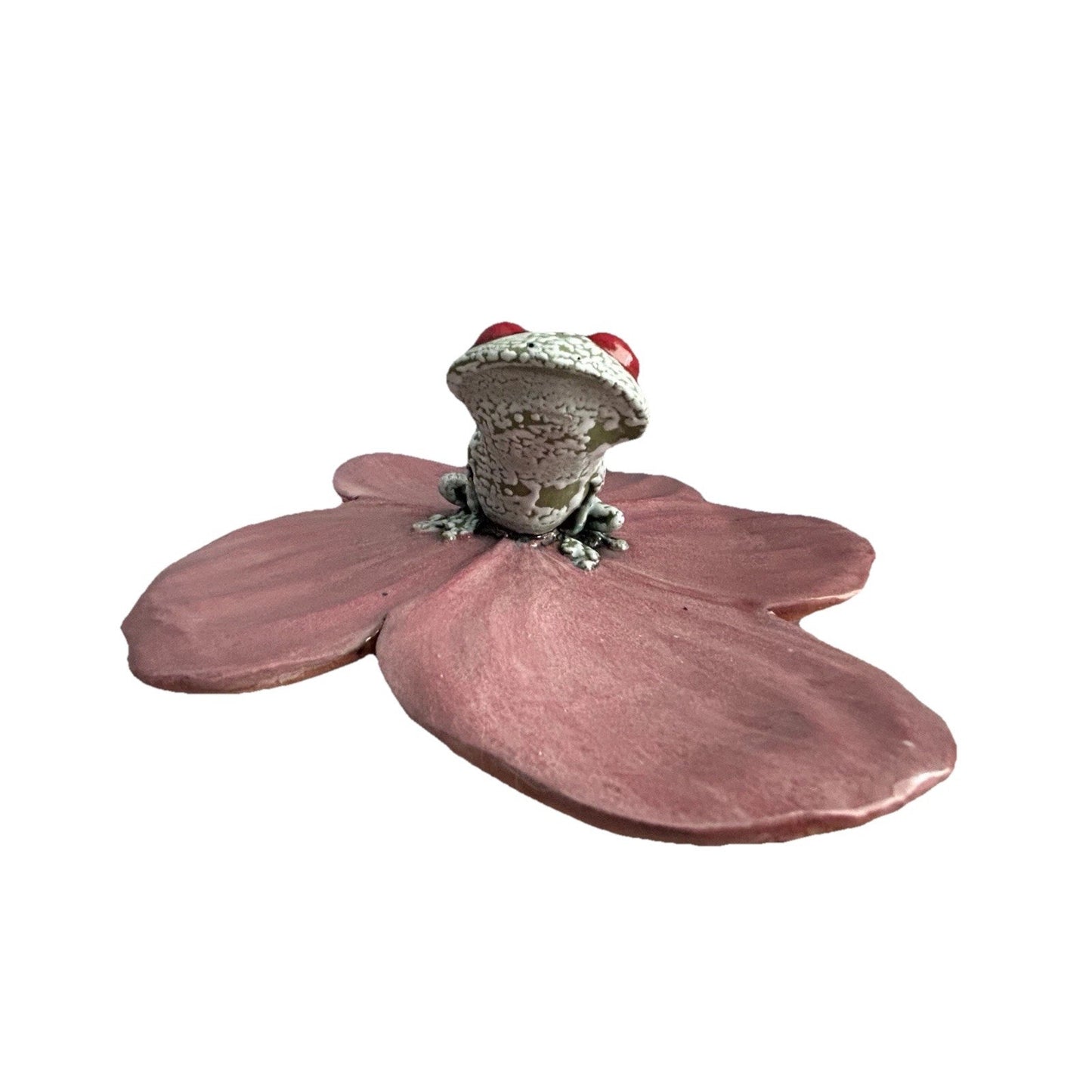 Frog Pink Flower Hanging Wall Decor Lid Hand Made Pottery Leaf Tree Frog Red Eye