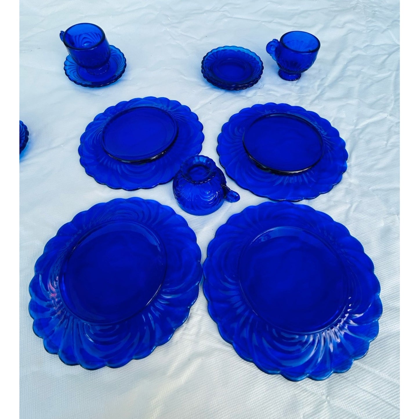 Vintage Doll Size Place Setting Cobalt Blue Glass 4 Plates 4 Teacups 4 Saucers